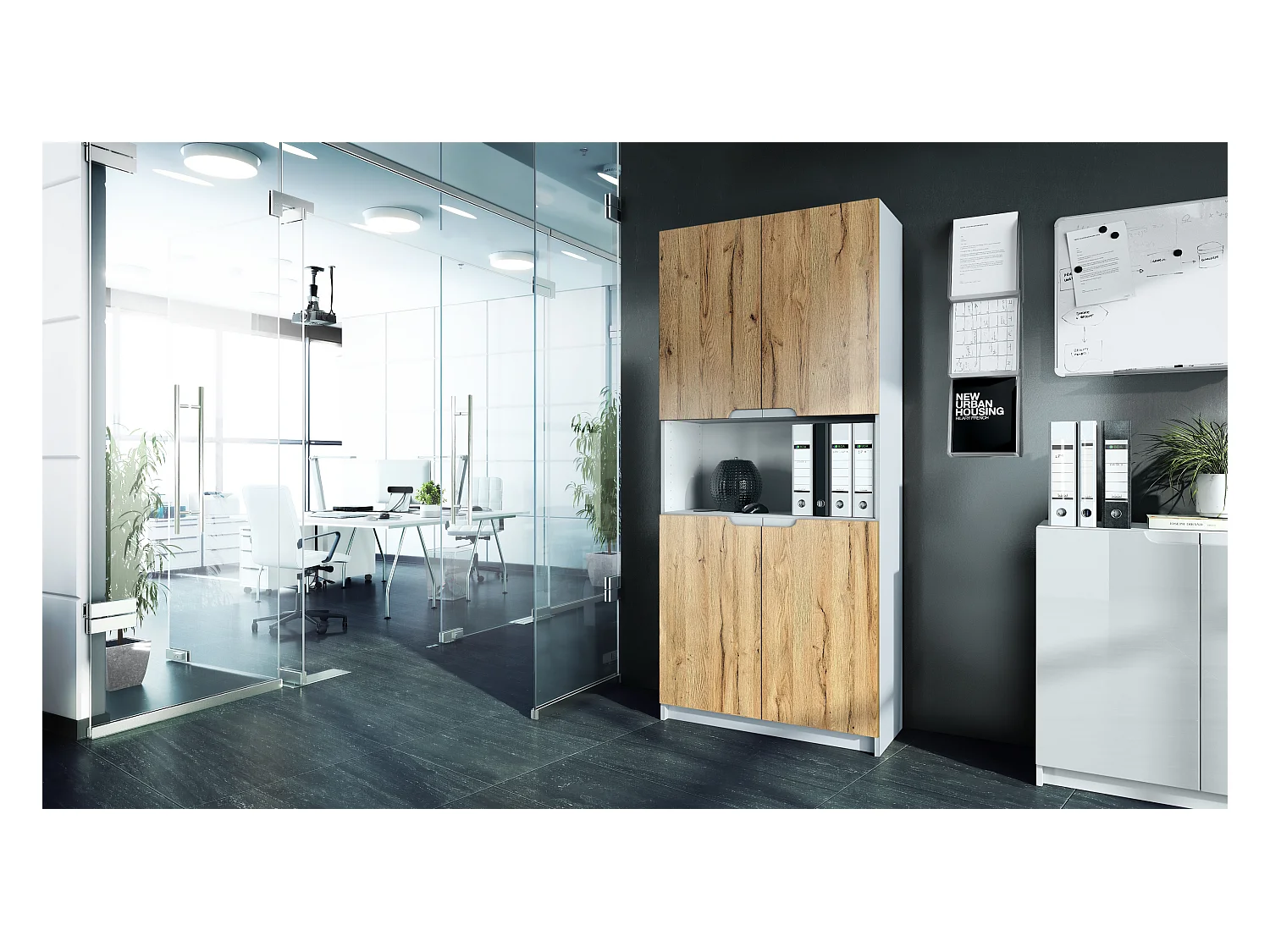 Étagère de bureau Logan V2, Armoire de rangement avec 5 compartiments et 4 portes, blanc mat/chêne nature (82 x 184 x 37 cm)