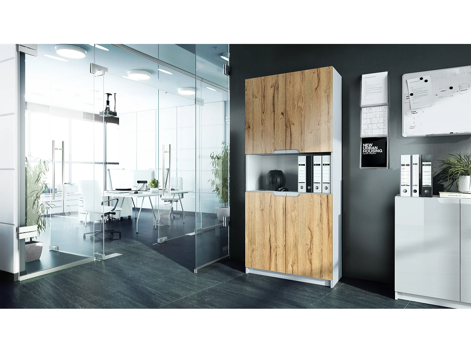 Étagère de bureau Logan V2, Armoire de rangement avec 5 compartiments et 4 portes, blanc mat/chêne nature (82 x 184 x 37 cm)