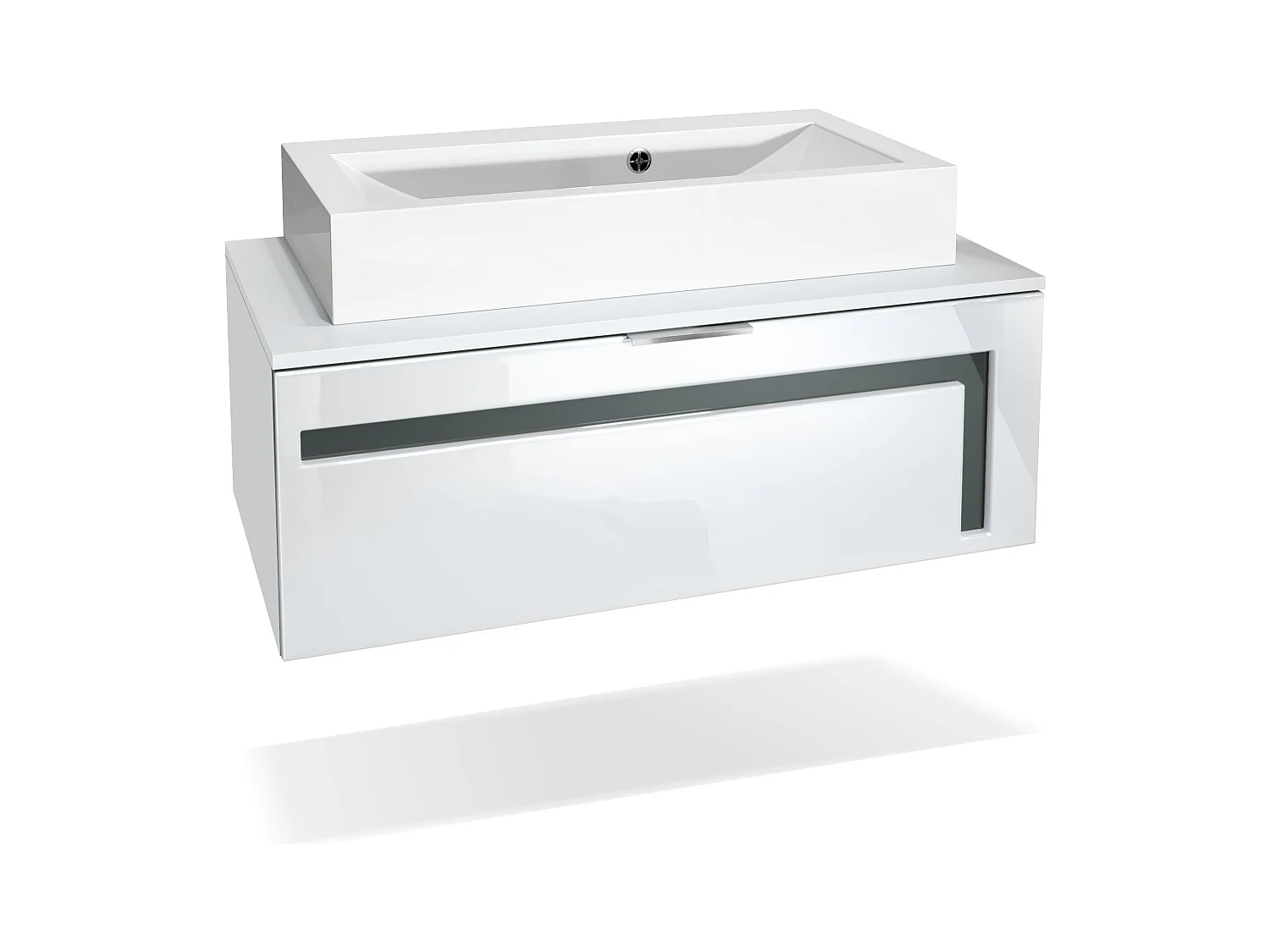 Meuble sous vasque Lavabo Aloha V2, Corps en Blanc mat / Façades en Blanc haute brillance avec un décor en Gris haute brillance, avec Vasque à poser