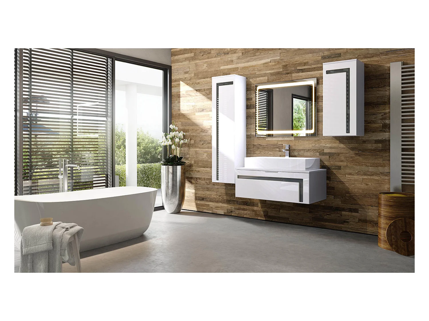 Meuble sous vasque Lavabo Aloha V2, Corps en Blanc mat / Façades en Blanc haute brillance avec un décor en Gris haute brillance, avec Vasque à poser