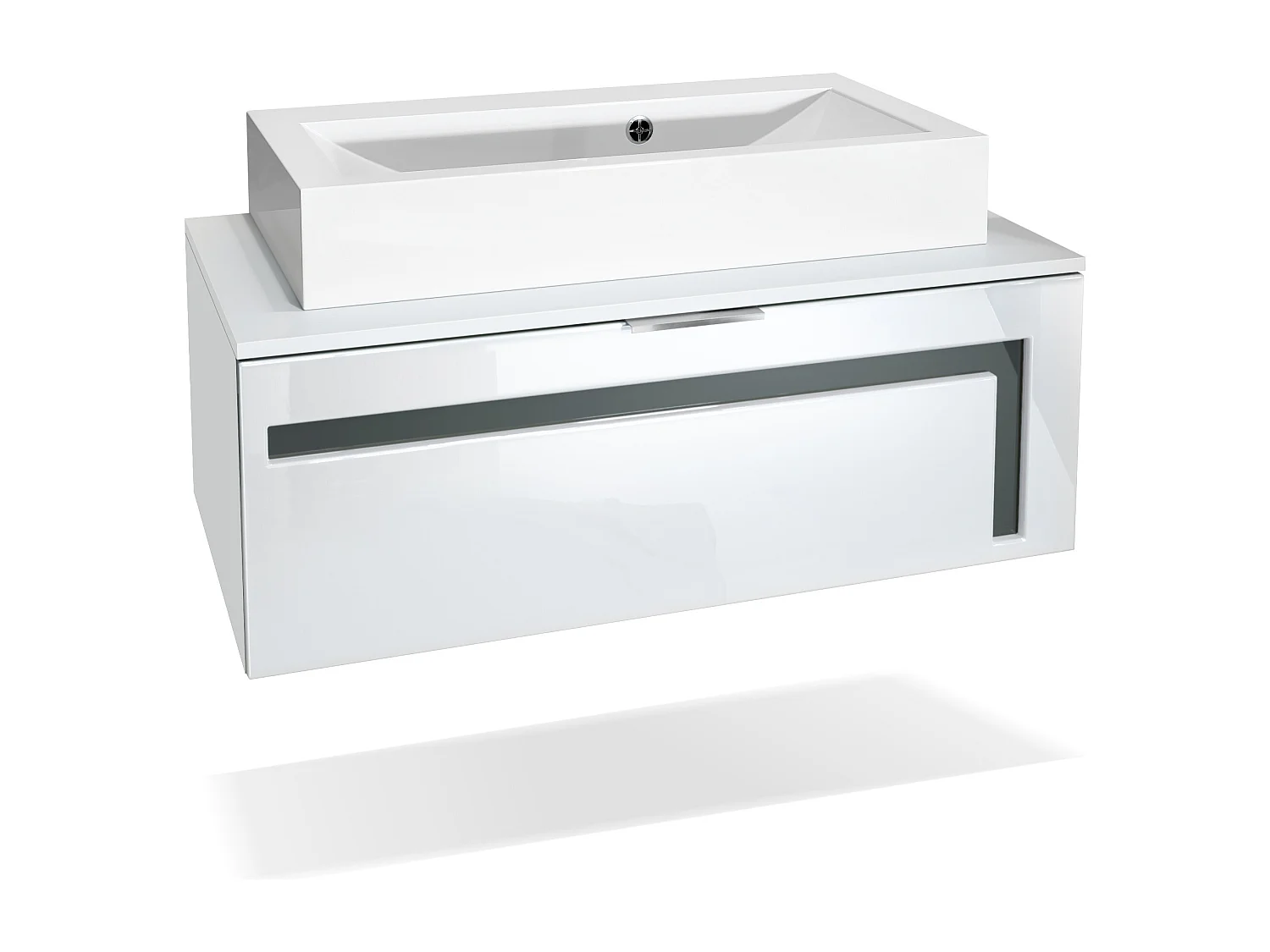Mobile da bagno Aloha V2, struttura in bianco opaco / frontali in bianco lucido con sfalsature in grigio lucido, con lavabo da appoggio