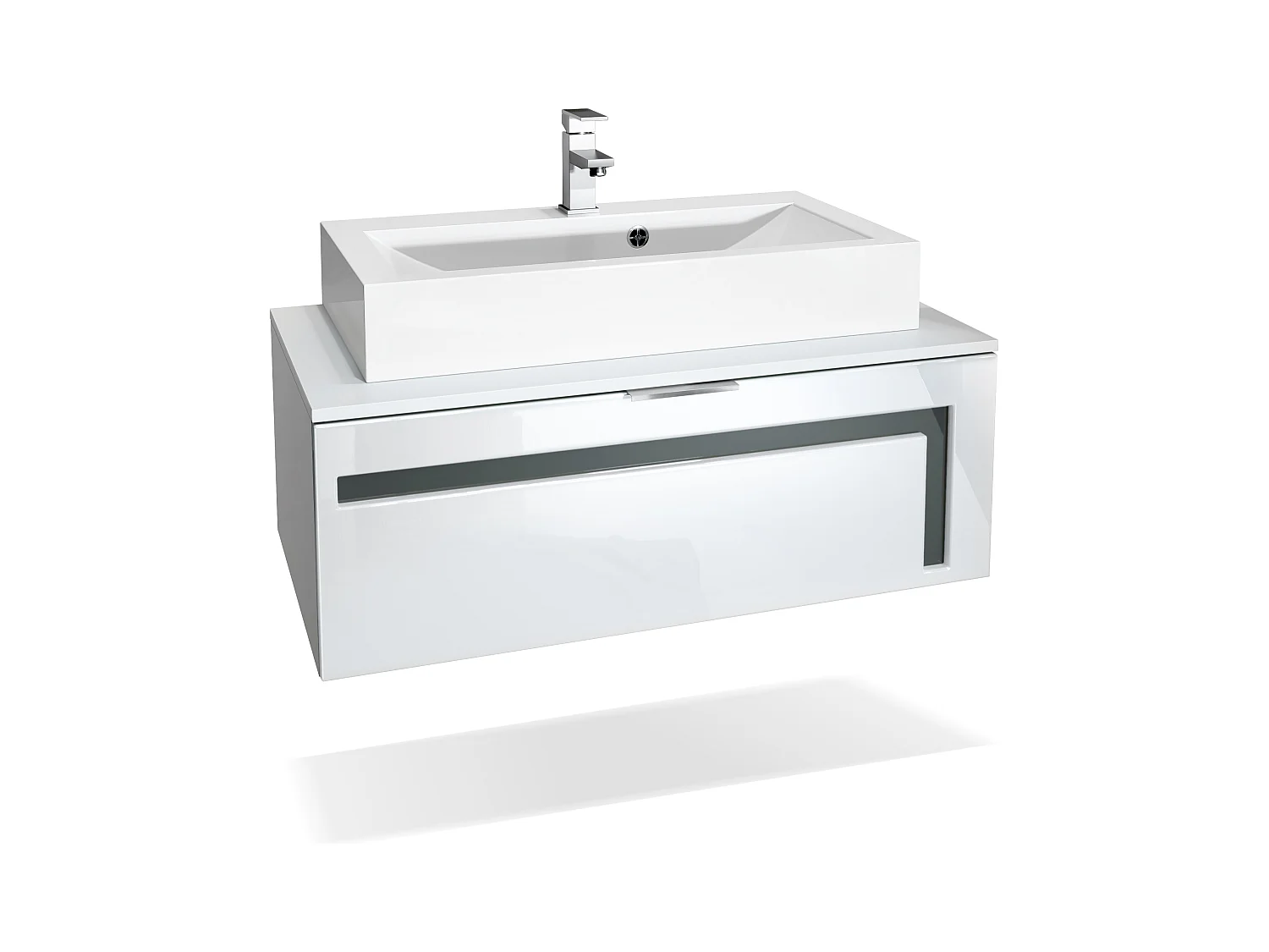 Meuble sous vasque Lavabo Aloha V2, Corps en Blanc mat / Façades en Blanc haute brillance avec un décor en Gris haute brillance, avec Vasque à poser et Robinet (M1)