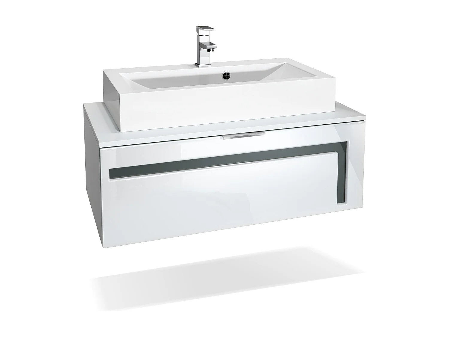 Mobile bagno Aloha V2, struttura in bianco opaco / frontali in bianco lucido e sfalsati in grigio lucido con lavabo e rubinetto (M1)