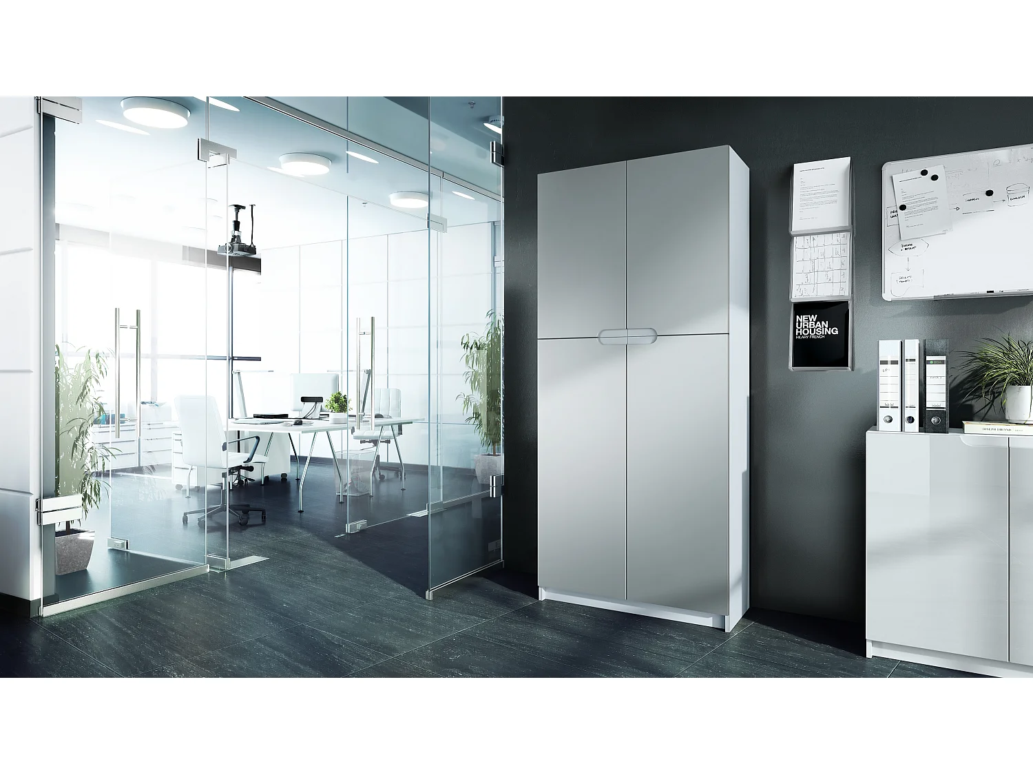 Logan V1, mobile per ufficio, schedario con 5 scomparti e 4 ante, bianco opaco/grigio chiaro semilucido (82 x 185 x 37 cm)