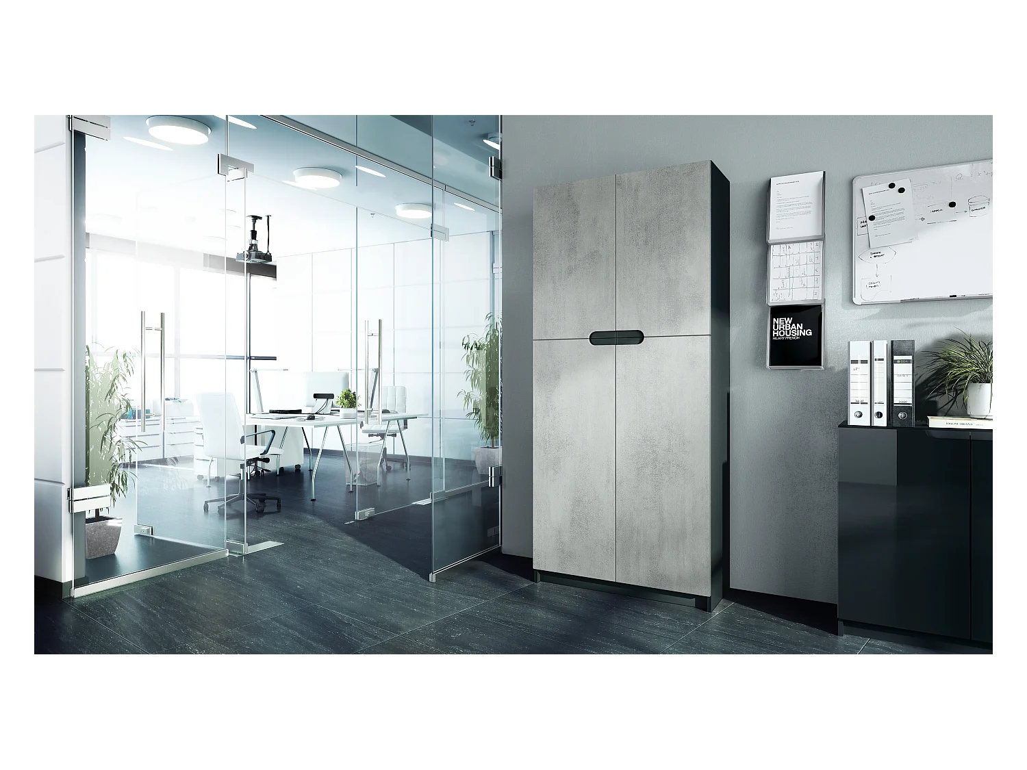 Meuble rangement bureau Logan V1, Armoire de bureau haute avec 5 compartiments et 4 portes, noir mat/aspect béton oxyde (82 x 185 x 37 cm)