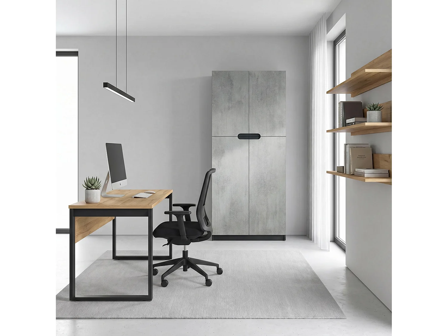 Armario Oficina Logan V1, Mueble Archivador con 5 Compartimentos y 4 Puertas, negro mate/hormigón oxidado (82 x 185 x 37 cm)