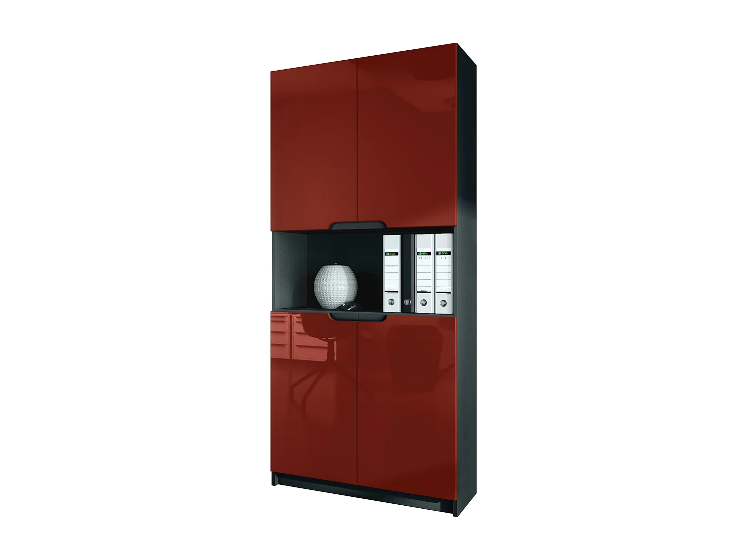 Étagère de bureau Logan V2, Armoire de rangement avec 5 compartiments et 4 portes, noir mat/bordeaux haute brillance (82 x 184 x 37 cm)