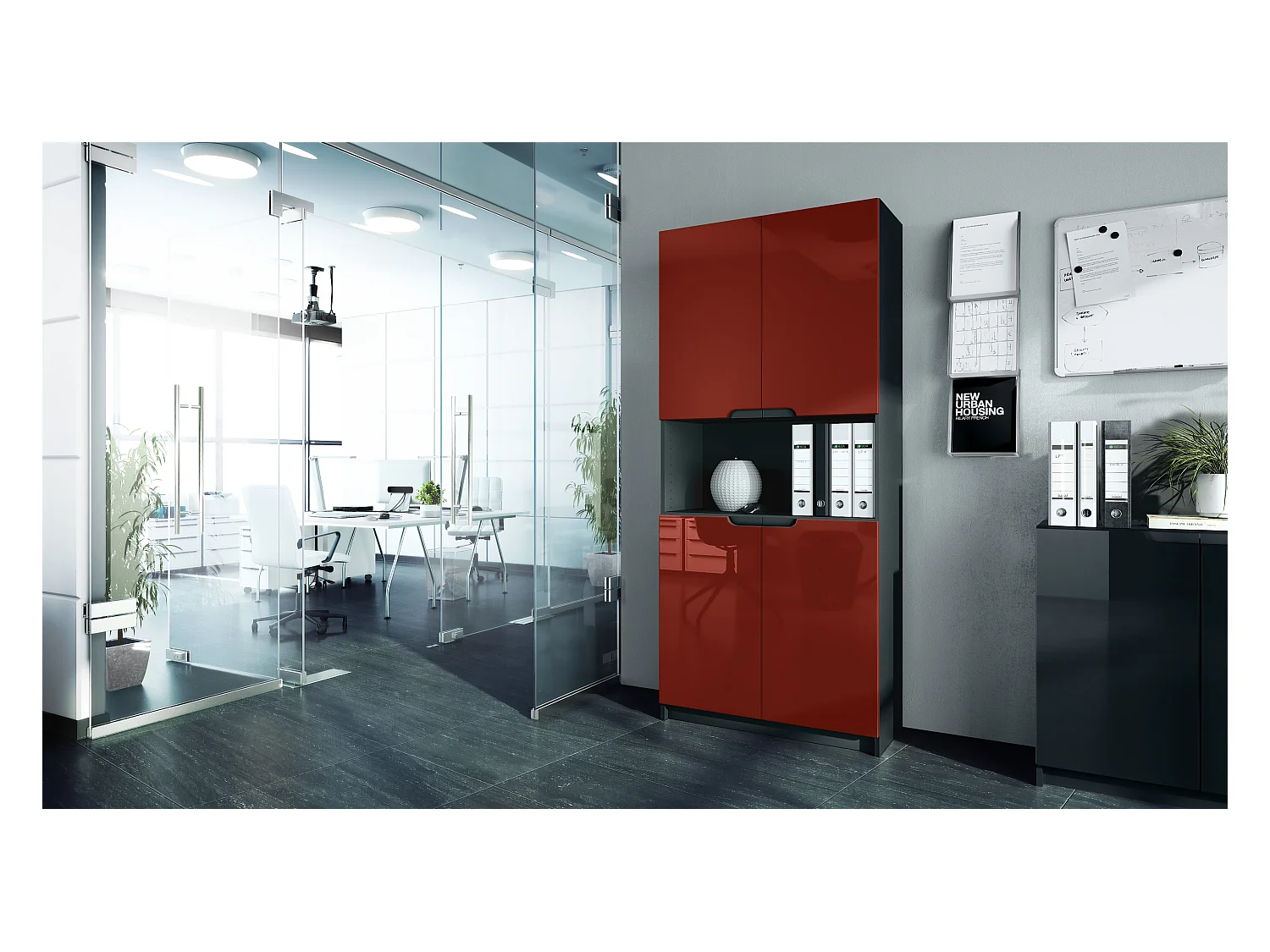 Étagère de bureau Logan V2, Armoire de rangement avec 5 compartiments et 4 portes, noir mat/bordeaux haute brillance (82 x 184 x 37 cm)