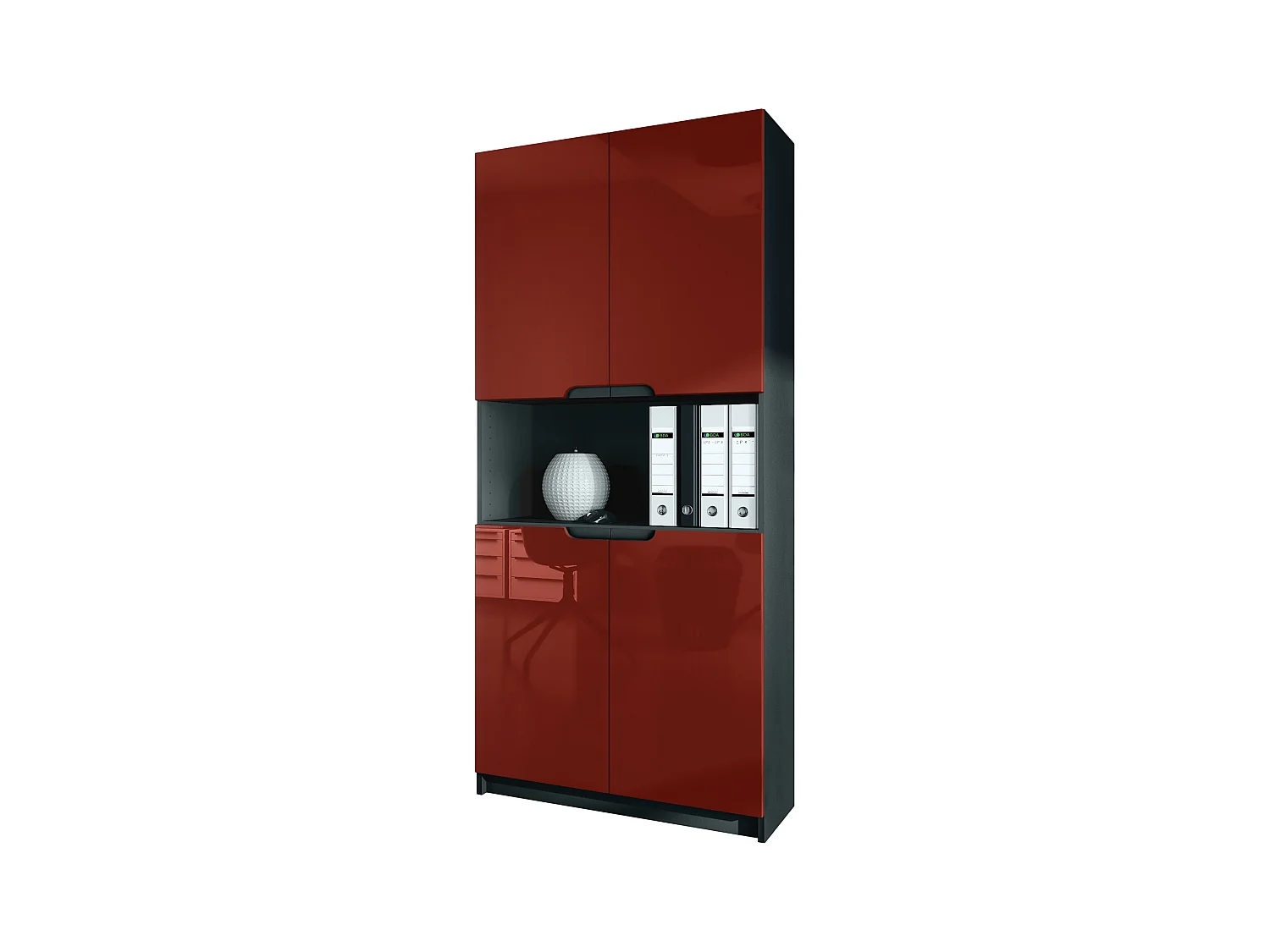 Étagère de bureau Logan V2, Armoire de rangement avec 5 compartiments et 4 portes, noir mat/bordeaux haute brillance (82 x 184 x 37 cm)