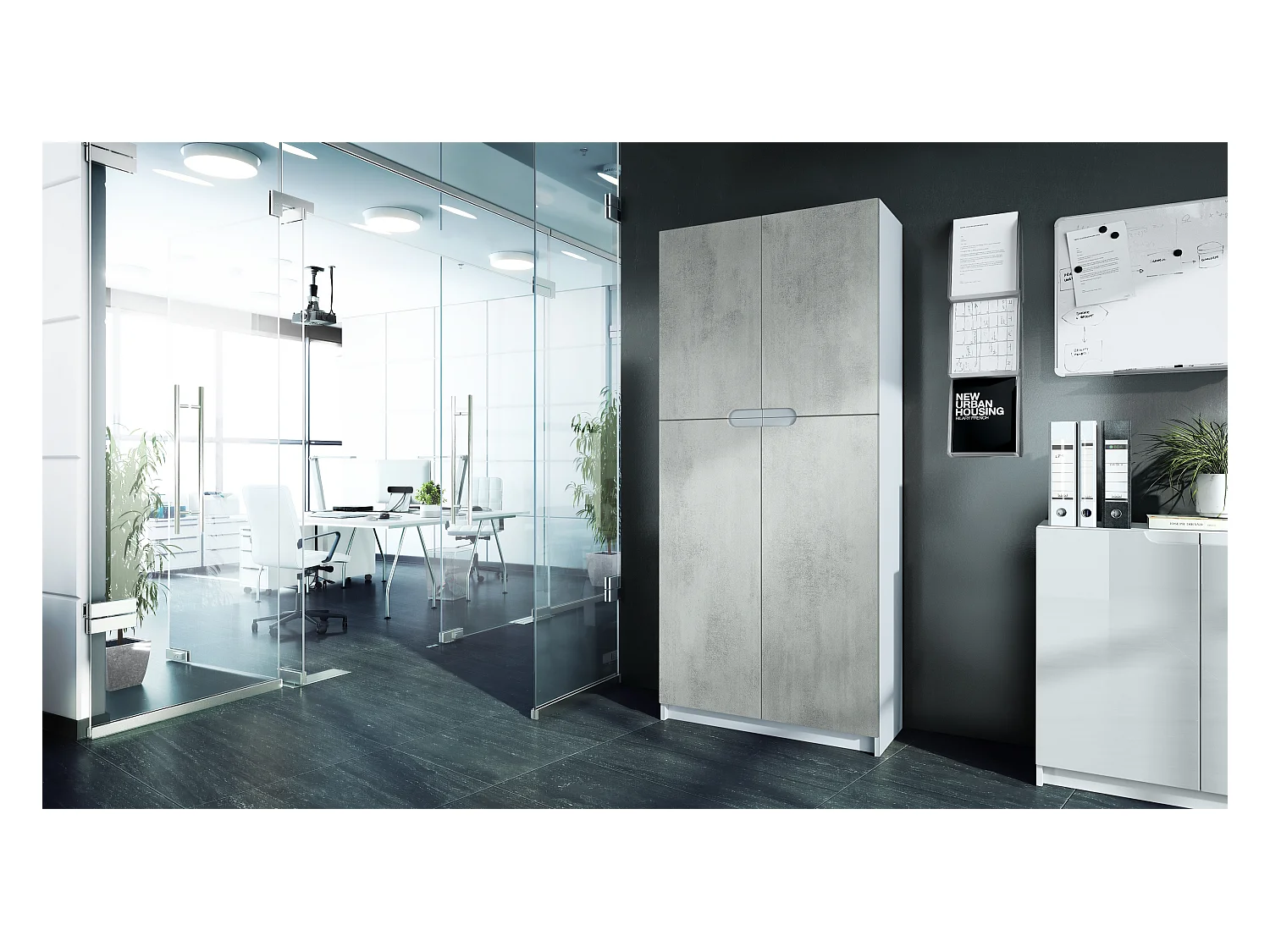 Meuble rangement bureau Logan V1, Armoire de bureau haute avec 5 compartiments et 4 portes, blanc mat/aspect béton oxyde (82 x 185 x 37 cm)