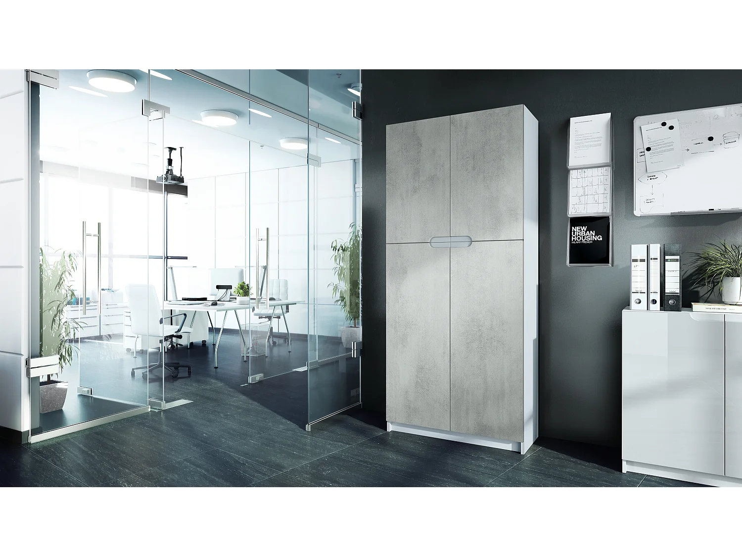 Logan V1, mobile per ufficio, schedario con 5 scomparti e 4 ante, bianco opaco/ottica cermento ossido (82 x 185 x 37 cm)