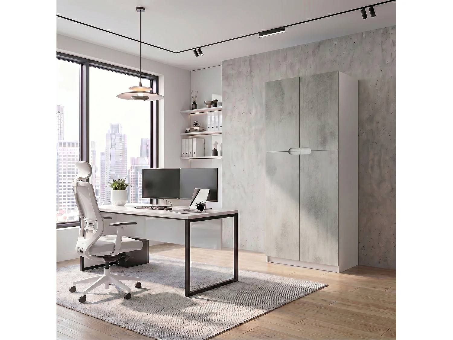 Meuble rangement bureau Logan V1, Armoire de bureau haute avec 5 compartiments et 4 portes, blanc mat/aspect béton oxyde (82 x 184 x 37 cm)