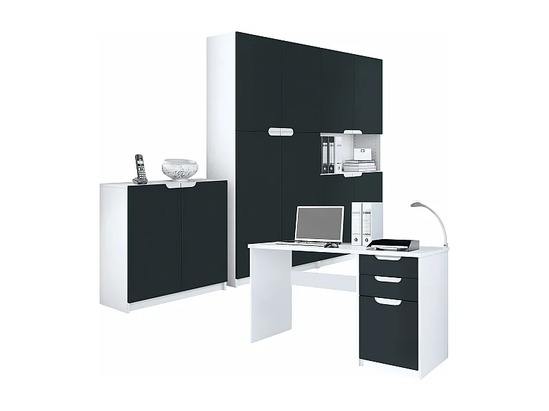 Ensemble de meubles de bureau Armoire Commode Rangement Logan, Corps en blanc mat / Façades en noir mat