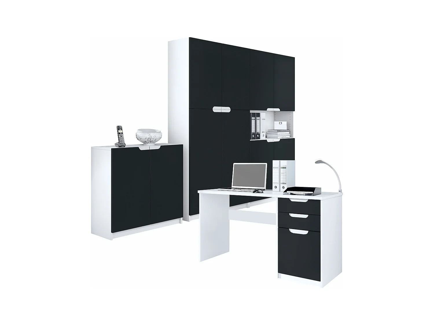 Ensemble de meubles de bureau Armoire Commode Rangement Logan, Corps en blanc mat / Façades en noir mat