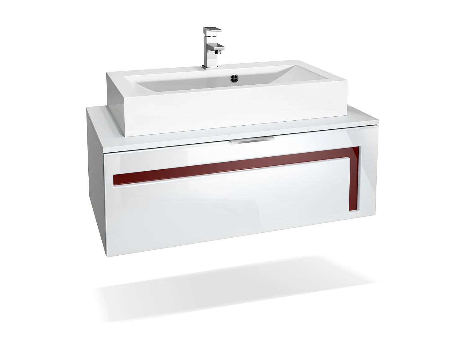 Meuble sous vasque Lavabo Aloha V2, Corps en Blanc mat / Façades en Blanc brillant avec un décor en Bordeaux haute brillance, avec Vasque à poser et Robinet (M1)