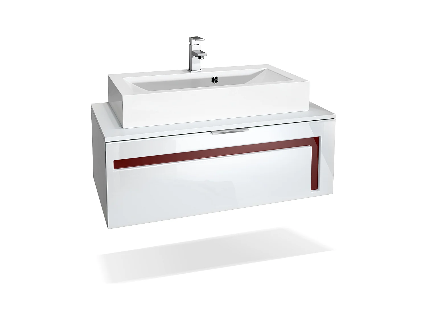Meuble sous vasque Lavabo Aloha V2, Corps en Blanc mat / Façades en Blanc brillant avec un décor en Bordeaux haute brillance, avec Vasque à poser et Robinet (M1)