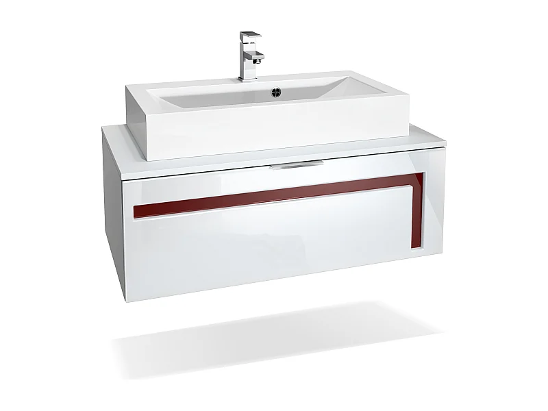 Meuble sous vasque Lavabo Aloha V2, Corps en Blanc mat / Façades en Blanc brillant avec un décor en Bordeaux haute brillance, avec Vasque à poser et Robinet (M1)