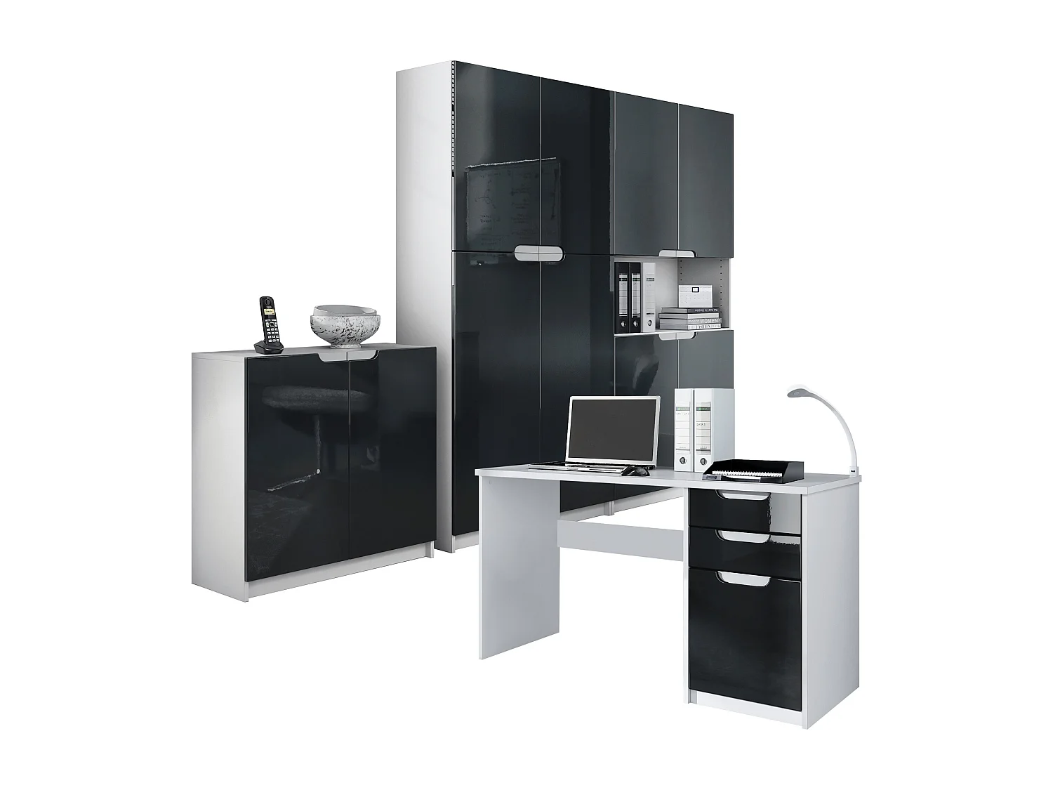 Ensemble de meubles de bureau Armoire Commode Rangement Logan, Corps en blanc mat / Façades en noir haute brillance