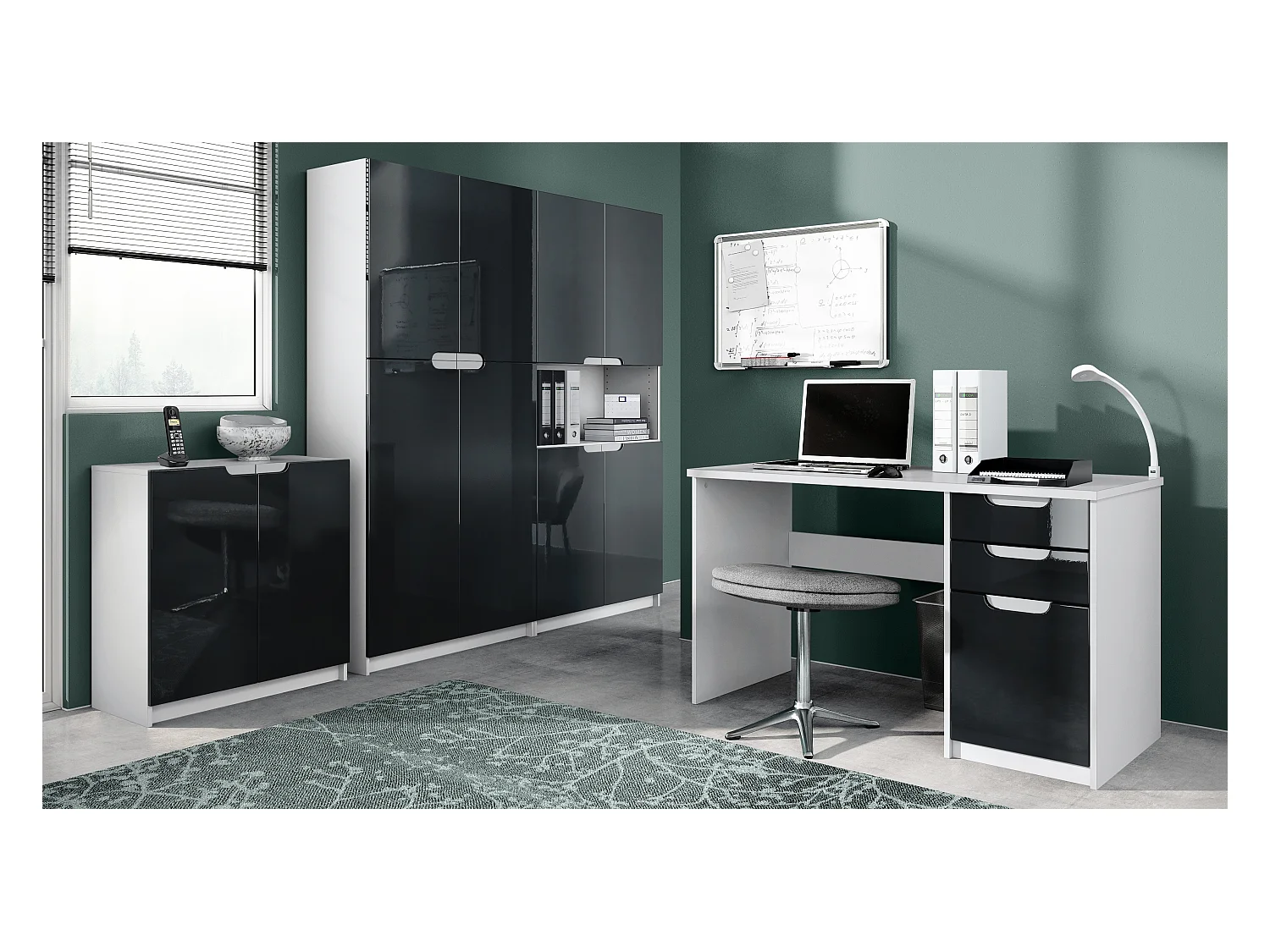 Ensemble de meubles de bureau Armoire Commode Rangement Logan, Corps en blanc mat / Façades en noir haute brillance