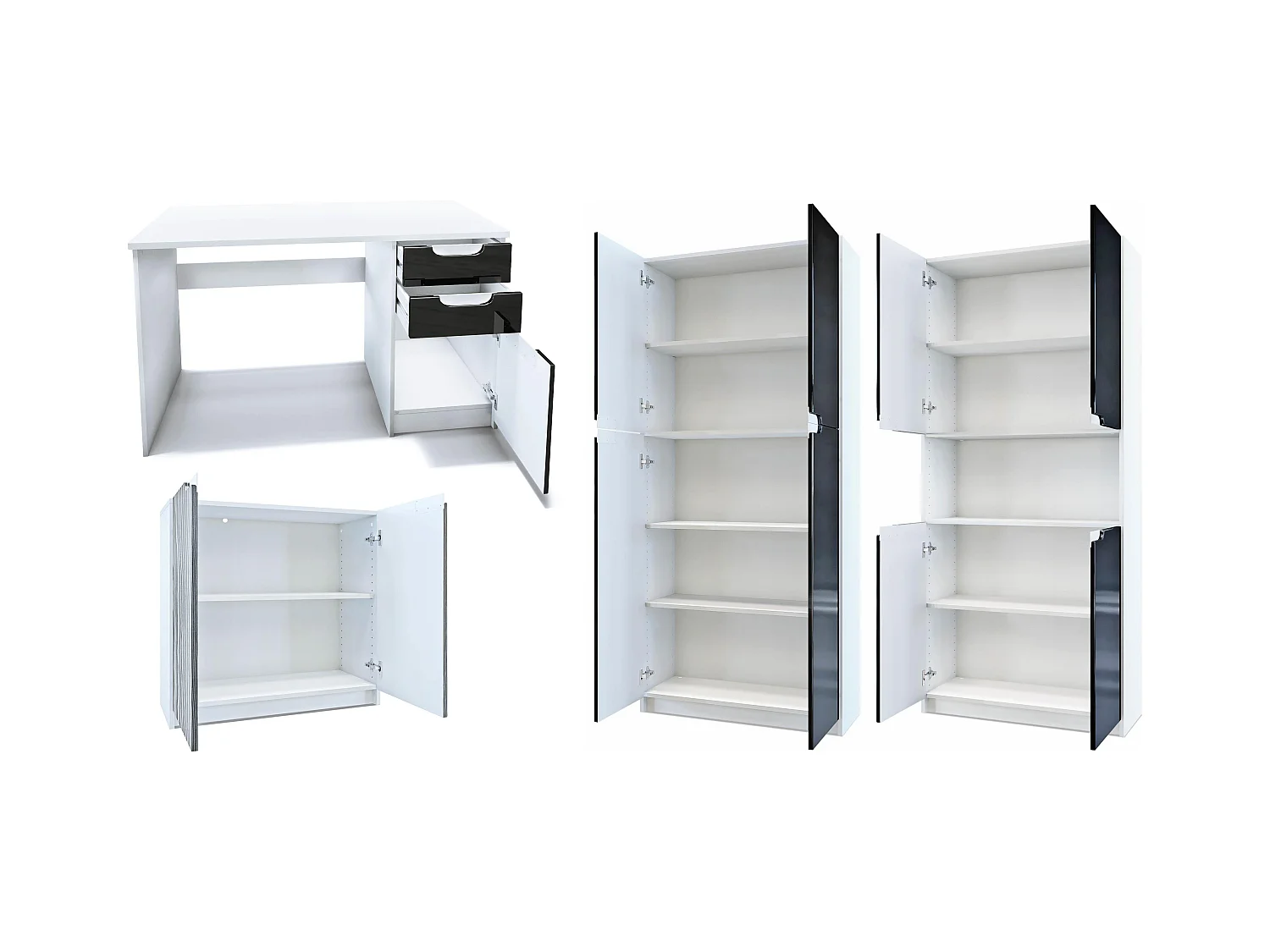 Ensemble de meubles de bureau Armoire Commode Rangement Logan, Corps en blanc mat / Façades en noir haute brillance