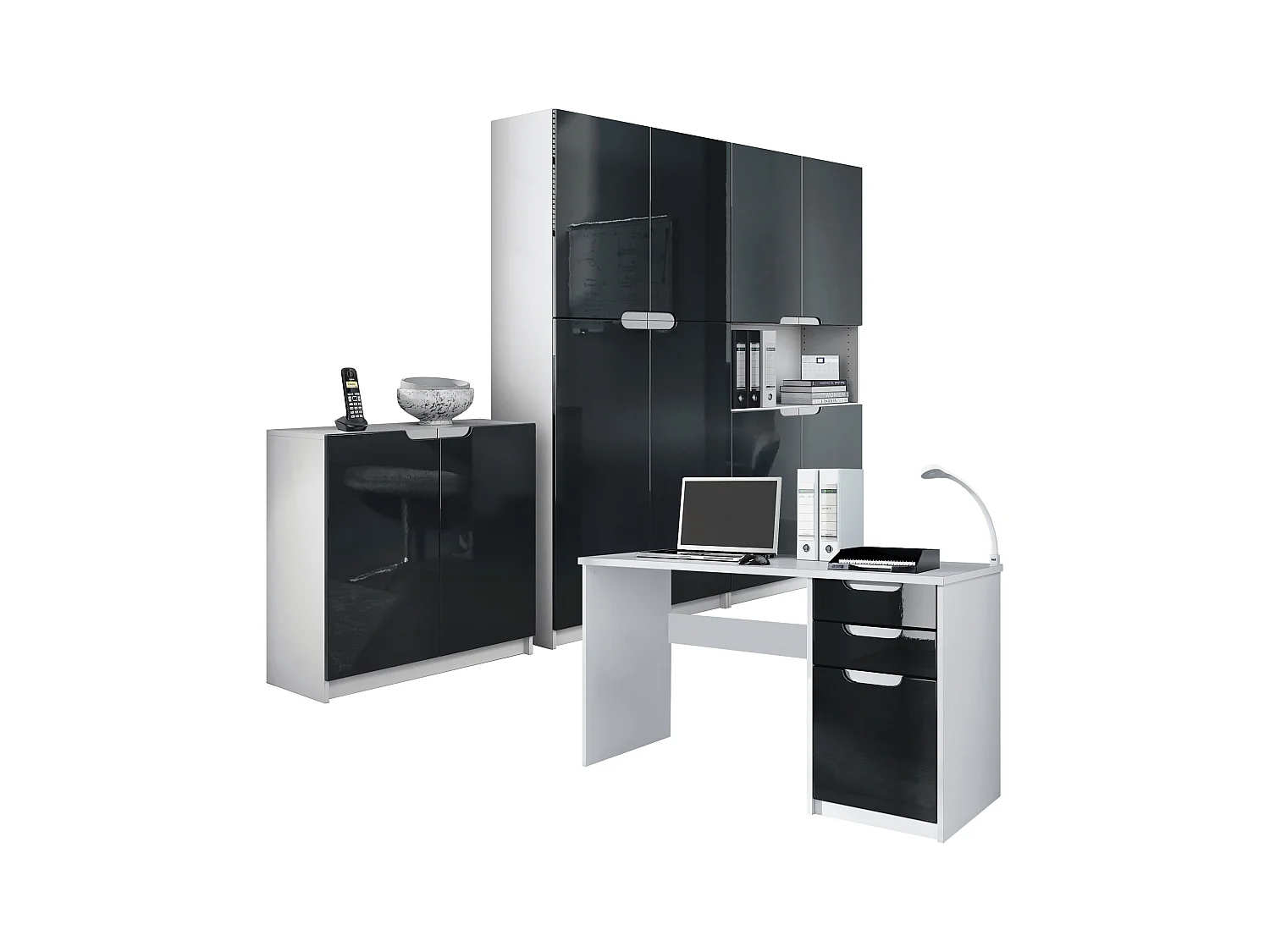 Ensemble de meubles de bureau Armoire Commode Rangement Logan, Corps en blanc mat / Façades en noir haute brillance