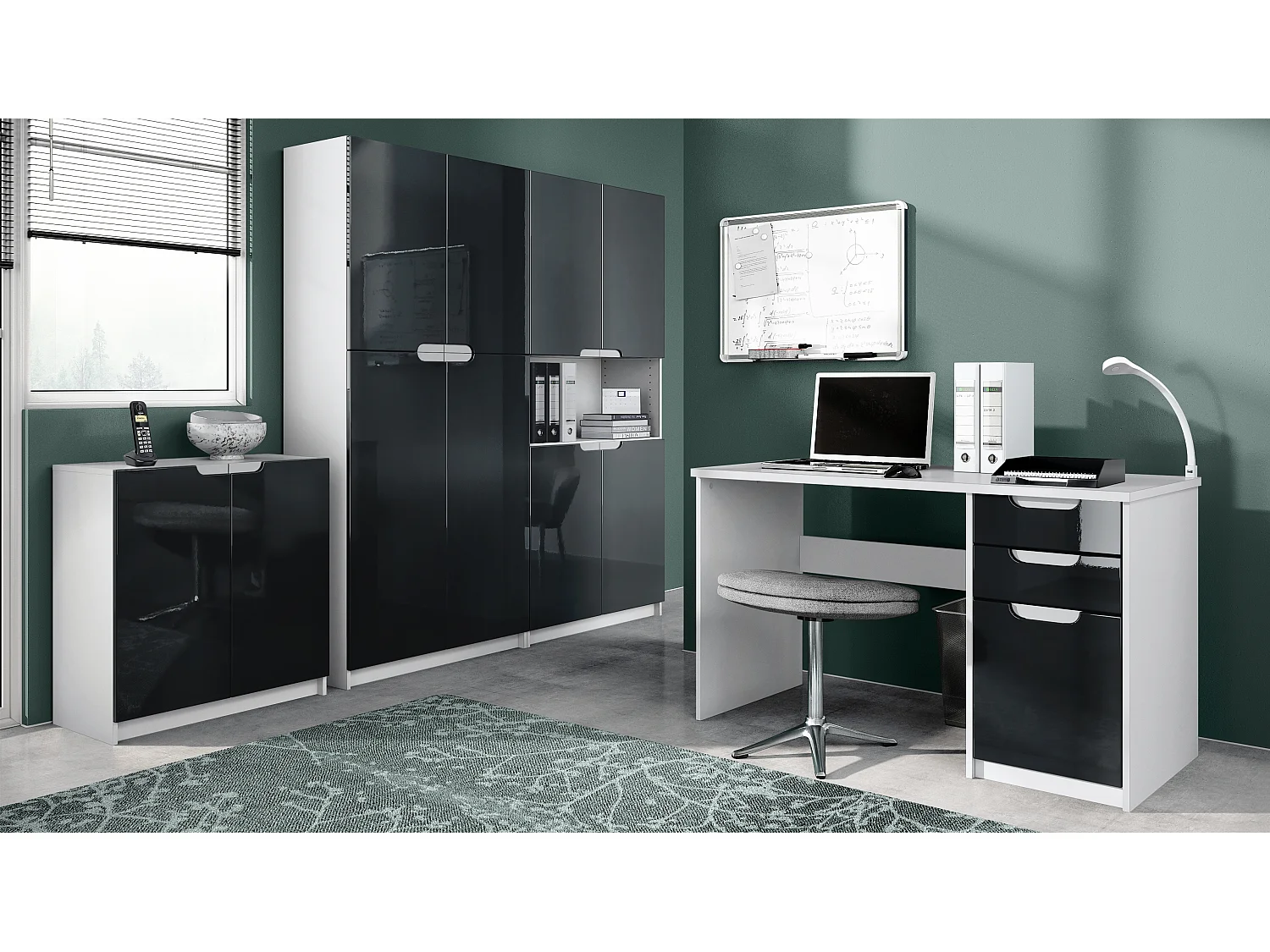 Set di mobili per ufficio Armadio e scrivania Logan, struttura in bianco opaco / frontali in nero lucido