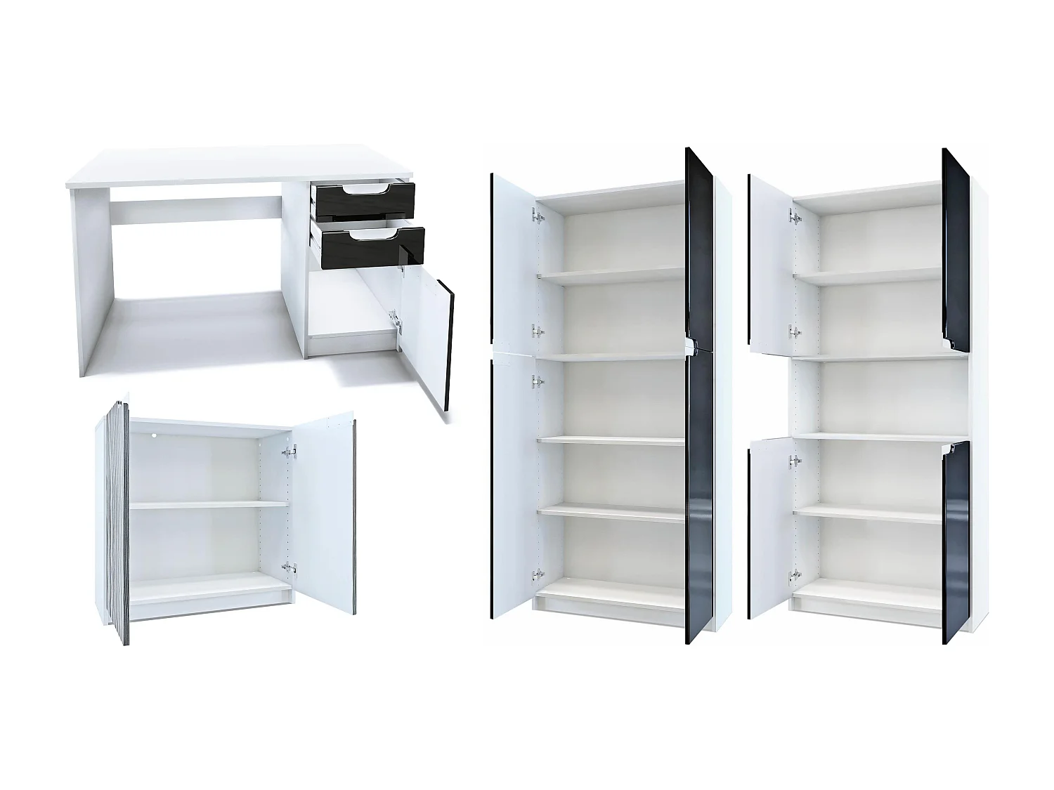 Set di mobili per ufficio Armadio e scrivania Logan, struttura in bianco opaco / frontali in nero lucido