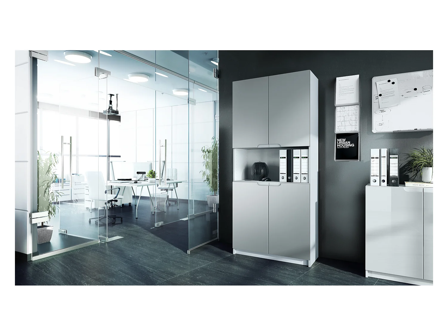 Étagère de bureau Logan V2, Armoire de rangement avec 5 compartiments et 4 portes, blanc mat/gris clair satiné mat (82 x 184 x 37 cm)