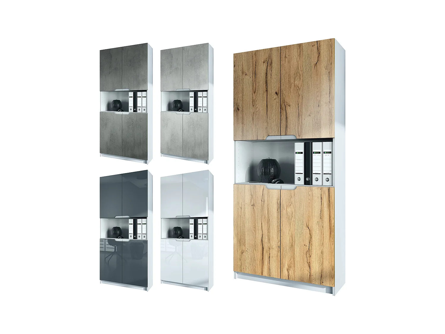 Étagère de bureau Logan V2, Armoire de rangement avec 5 compartiments et 4 portes, blanc mat/gris clair satiné mat (82 x 184 x 37 cm)