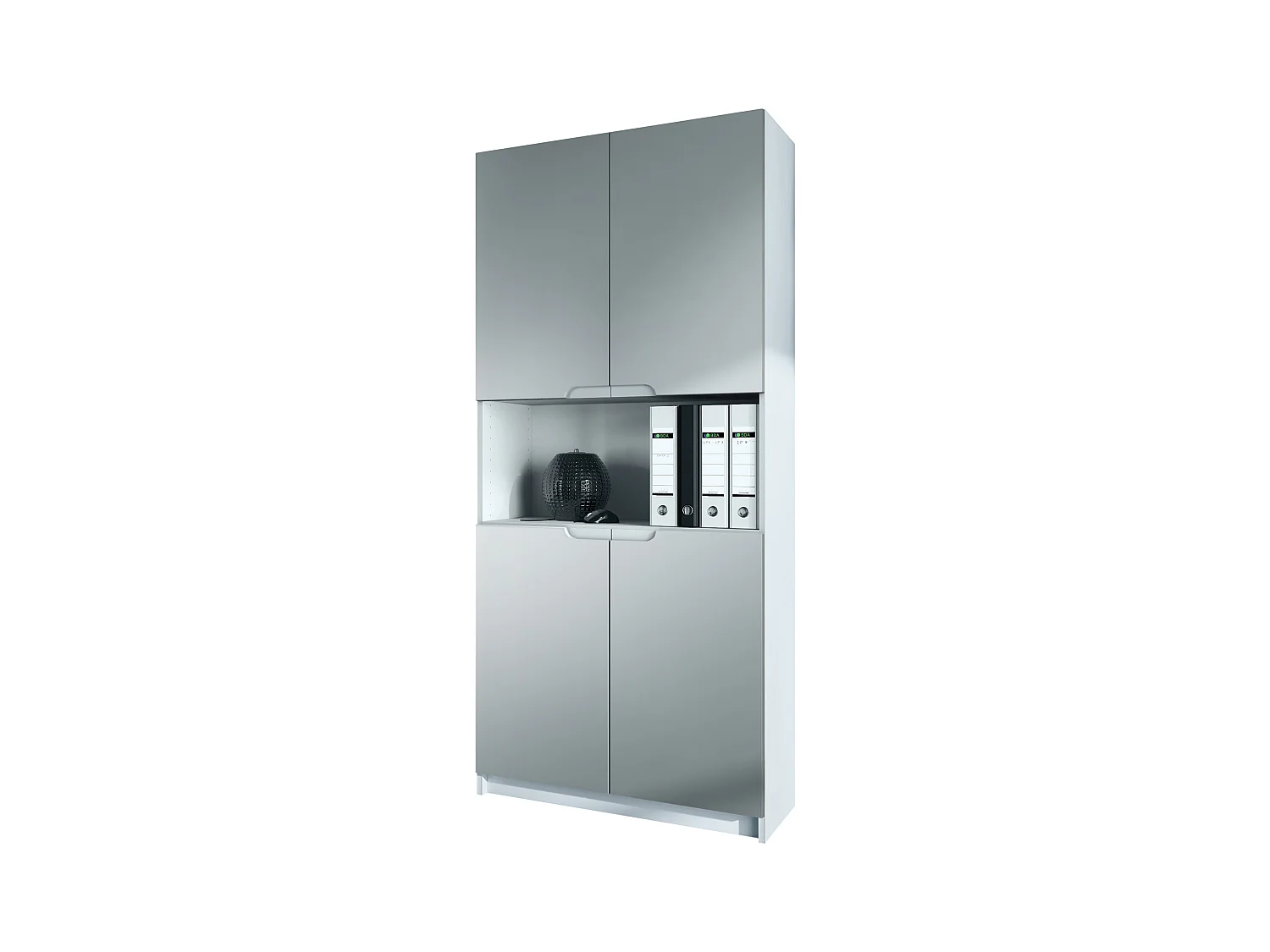 Étagère de bureau Logan V2, Armoire de rangement avec 5 compartiments et 4 portes, blanc mat/gris clair satiné mat (82 x 184 x 37 cm)