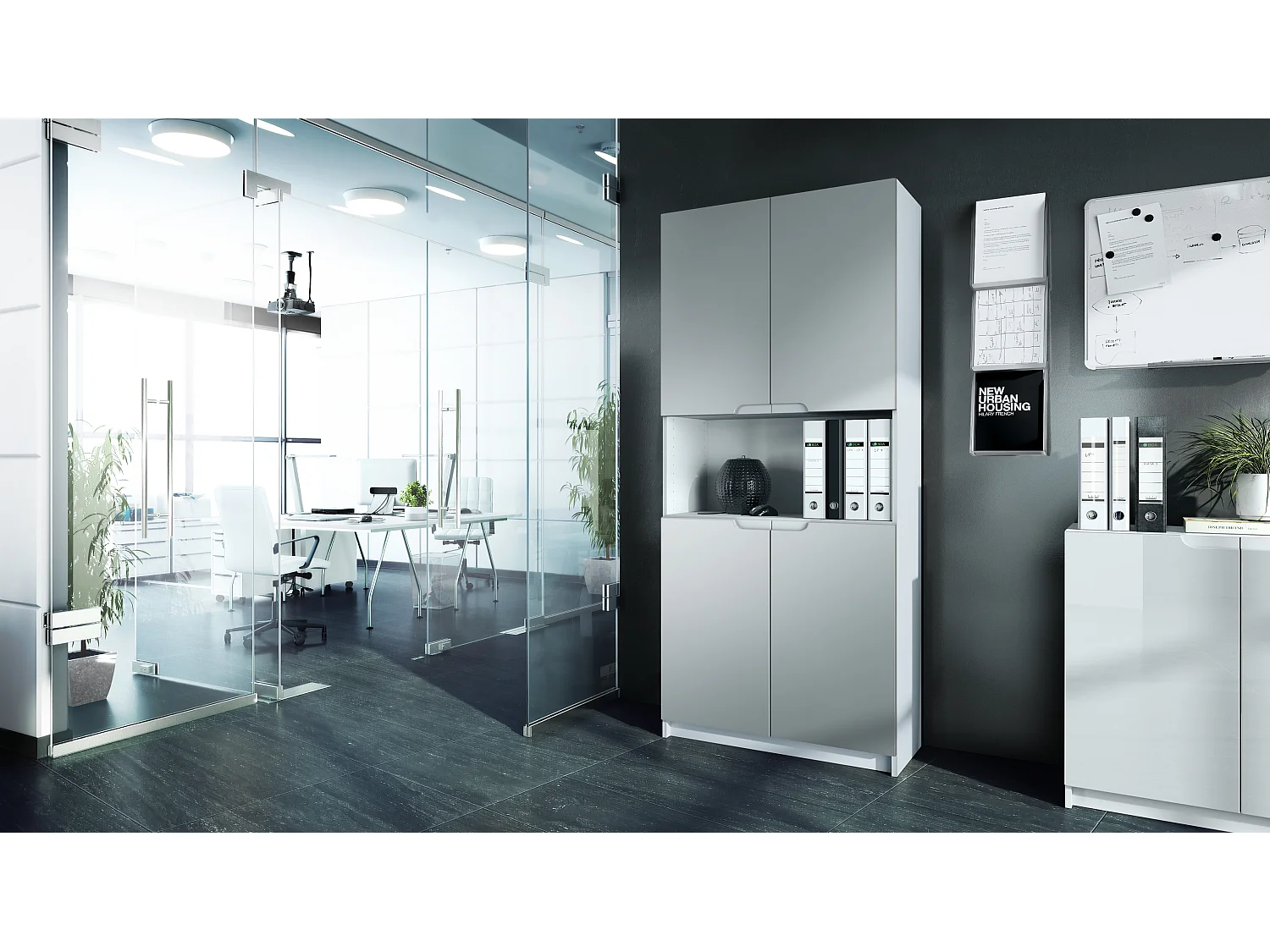 Étagère de bureau Logan V2, Armoire de rangement avec 5 compartiments et 4 portes, blanc mat/gris clair satiné mat (82 x 184 x 37 cm)