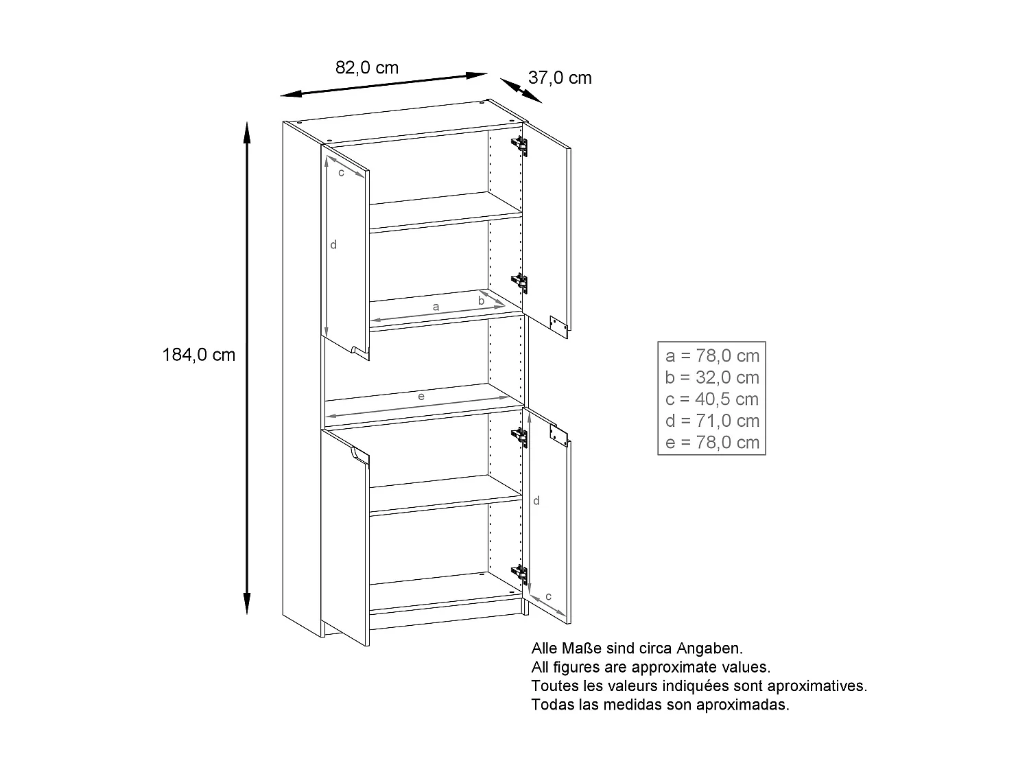 Étagère de bureau Logan V2, Armoire de rangement avec 5 compartiments et 4 portes, blanc mat/gris clair satiné mat (82 x 184 x 37 cm)