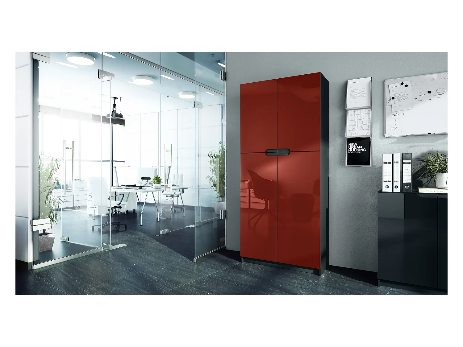 Meuble rangement bureau Logan V1, Armoire de bureau haute avec 5 compartiments et 4 portes, noir mat/bordeaux haute brillance (82 x 185 x 37 cm)