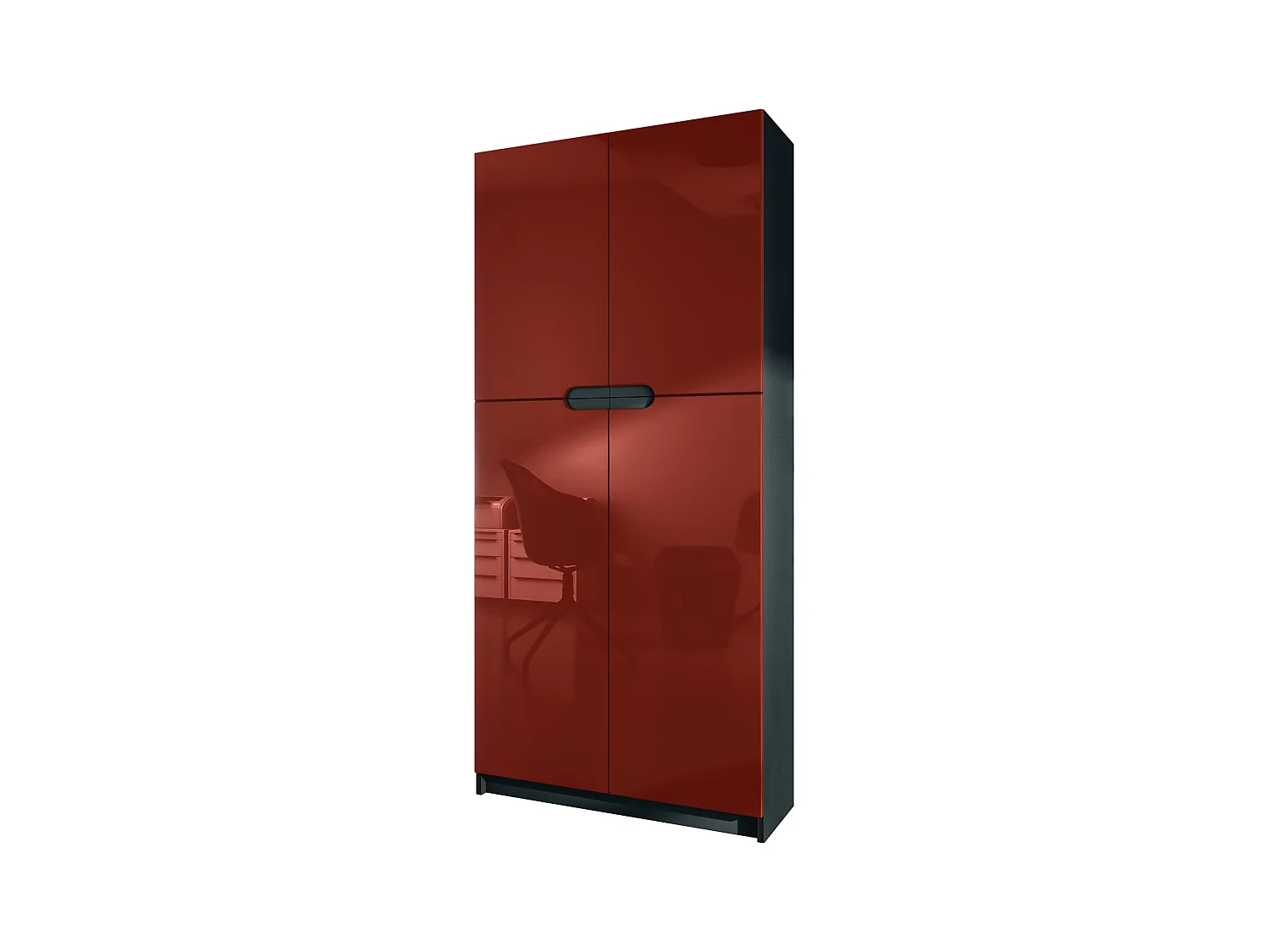 Meuble rangement bureau Logan V1, Armoire de bureau haute avec 5 compartiments et 4 portes, noir mat/bordeaux haute brillance (82 x 185 x 37 cm)