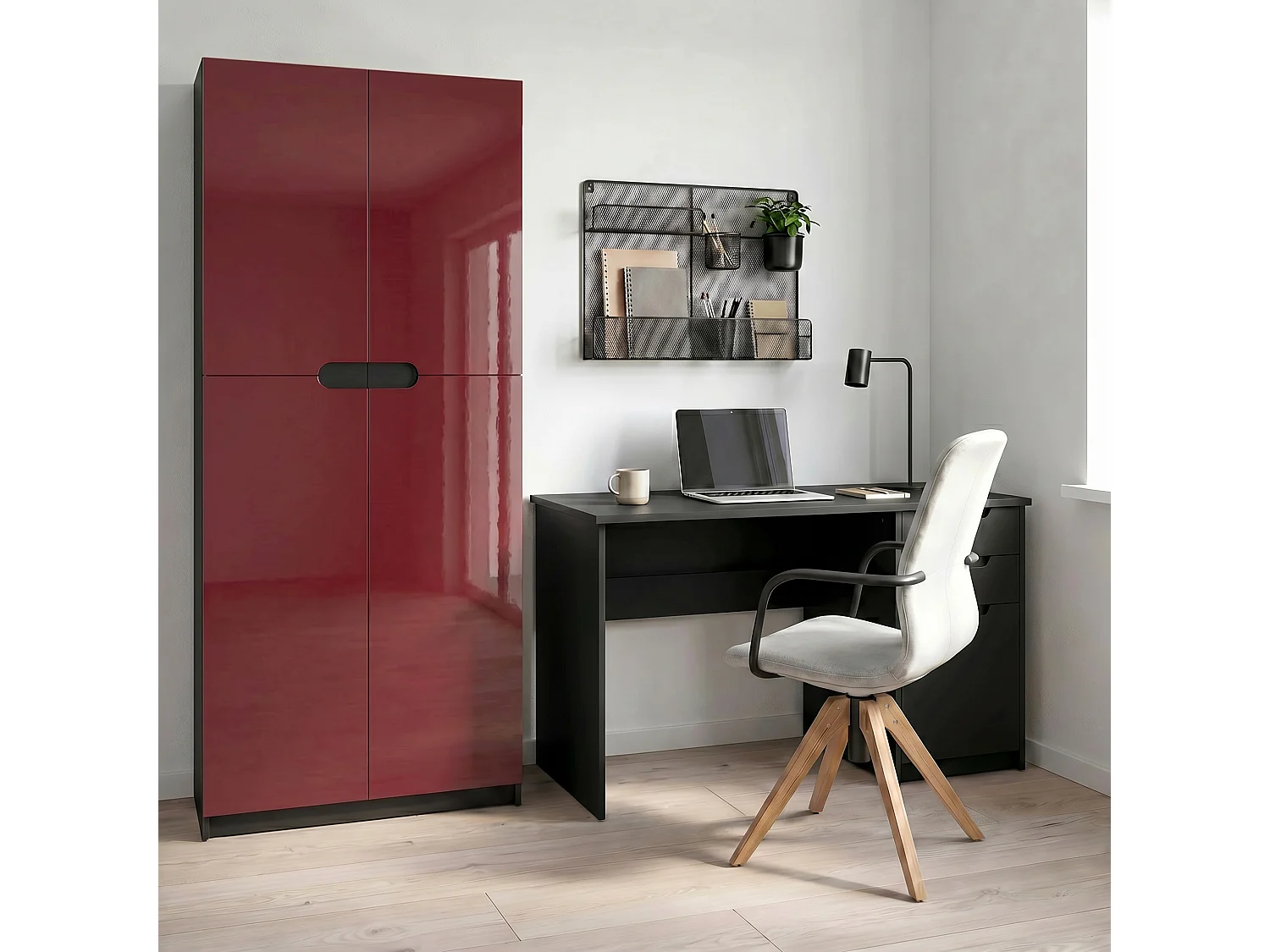 Armario Oficina Logan V1, Mueble Archivador con 5 Compartimentos y 4 Puertas, negro mate/burdeos de alto brillo (82 x 185 x 37 cm)