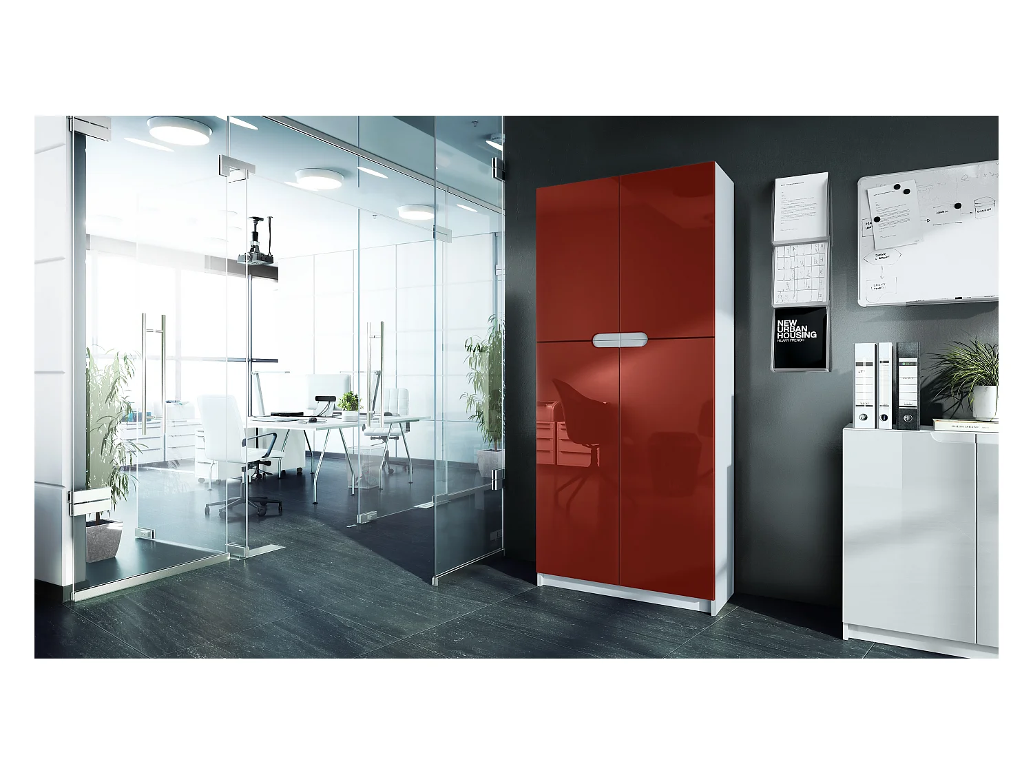 Meuble rangement bureau Logan V1, Armoire de bureau haute avec 5 compartiments et 4 portes, blanc mat/bordeaux haute brillance (82 x 185 x 37 cm)