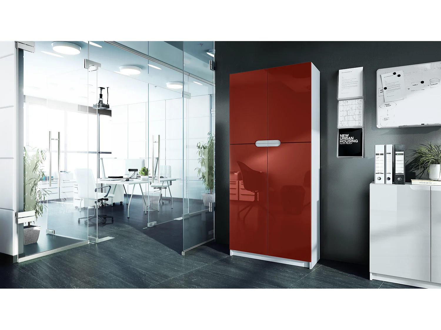 Meuble rangement bureau Logan V1, Armoire de bureau haute avec 5 compartiments et 4 portes, blanc mat/bordeaux haute brillance (82 x 185 x 37 cm)