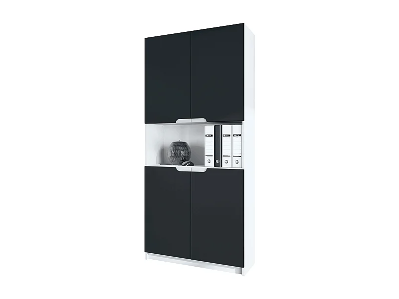 Étagère de bureau Logan V2, Armoire de rangement avec 5 compartiments et 4 portes, blanc mat/noir mat (82 x 184 x 37 cm)