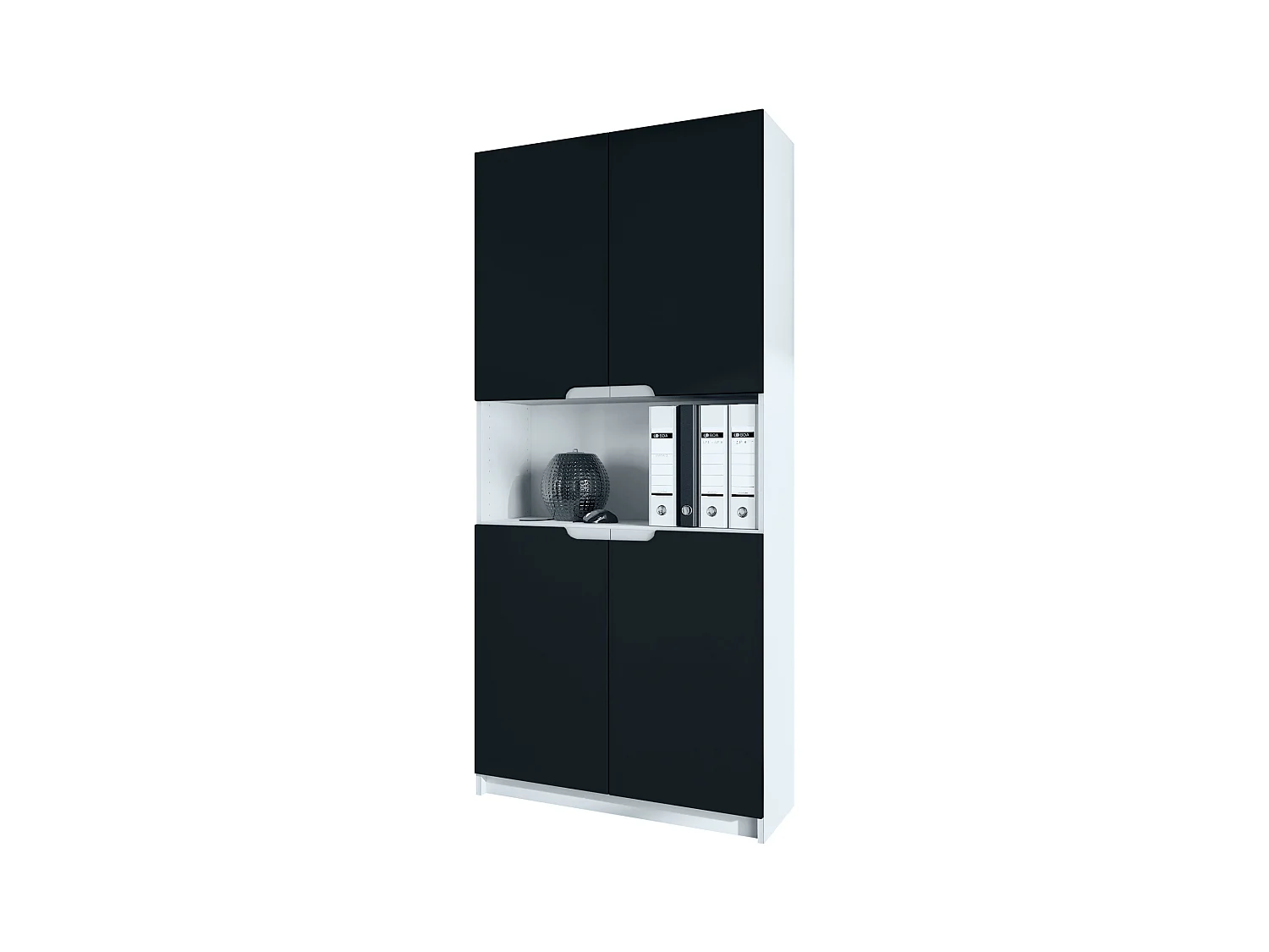 Étagère de bureau Logan V2, Armoire de rangement avec 5 compartiments et 4 portes, blanc mat/noir mat (82 x 184 x 37 cm)