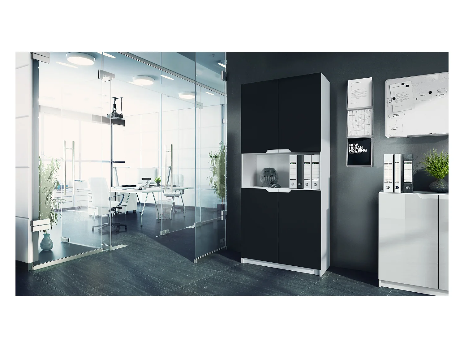 Étagère de bureau Logan V2, Armoire de rangement avec 5 compartiments et 4 portes, blanc mat/noir mat (82 x 184 x 37 cm)