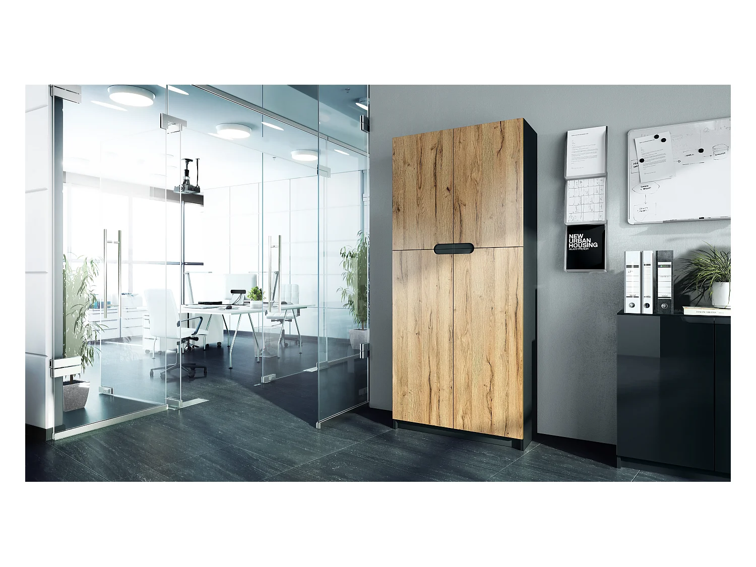 Meuble rangement bureau Logan V1, Armoire de bureau haute avec 5 compartiments et 4 portes, noir mat/chêne nature (82 x 185 x 37 cm)