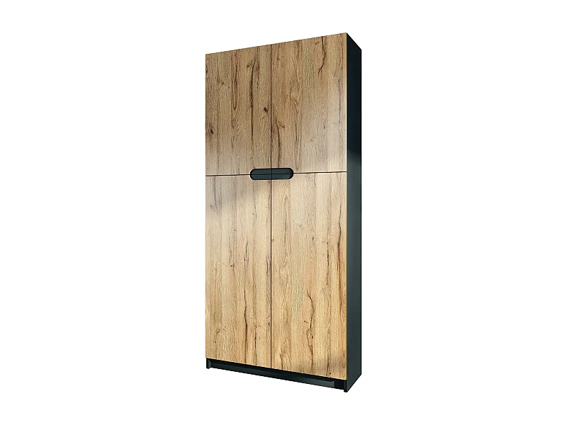 Meuble rangement bureau Logan V1, Armoire de bureau haute avec 5 compartiments et 4 portes, noir mat/chêne nature (82 x 185 x 37 cm)