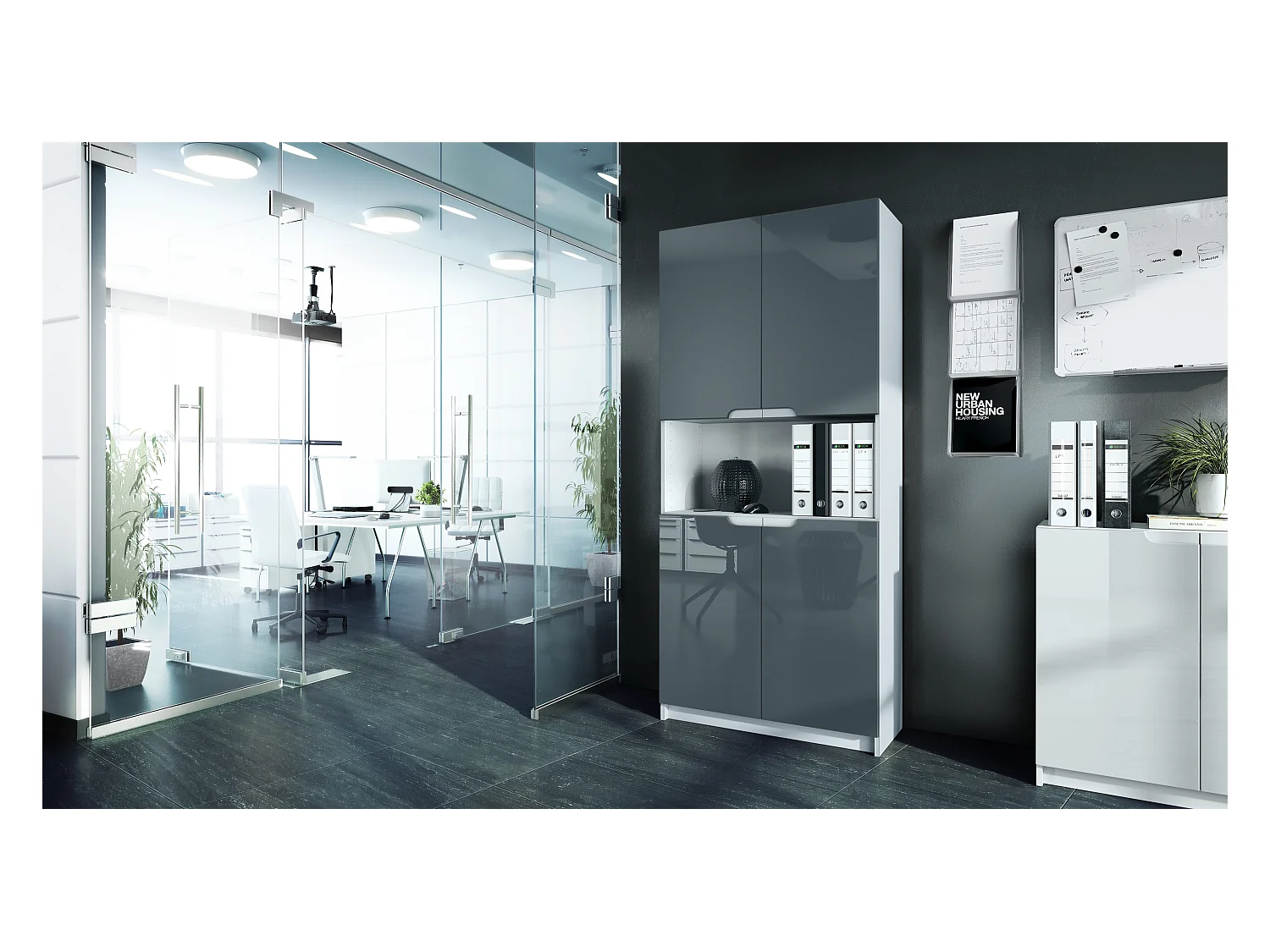 Étagère de bureau Logan V2, Armoire de rangement avec 5 compartiments et 4 portes, blanc mat/gris haute brillance (82 x 184 x 37 cm)