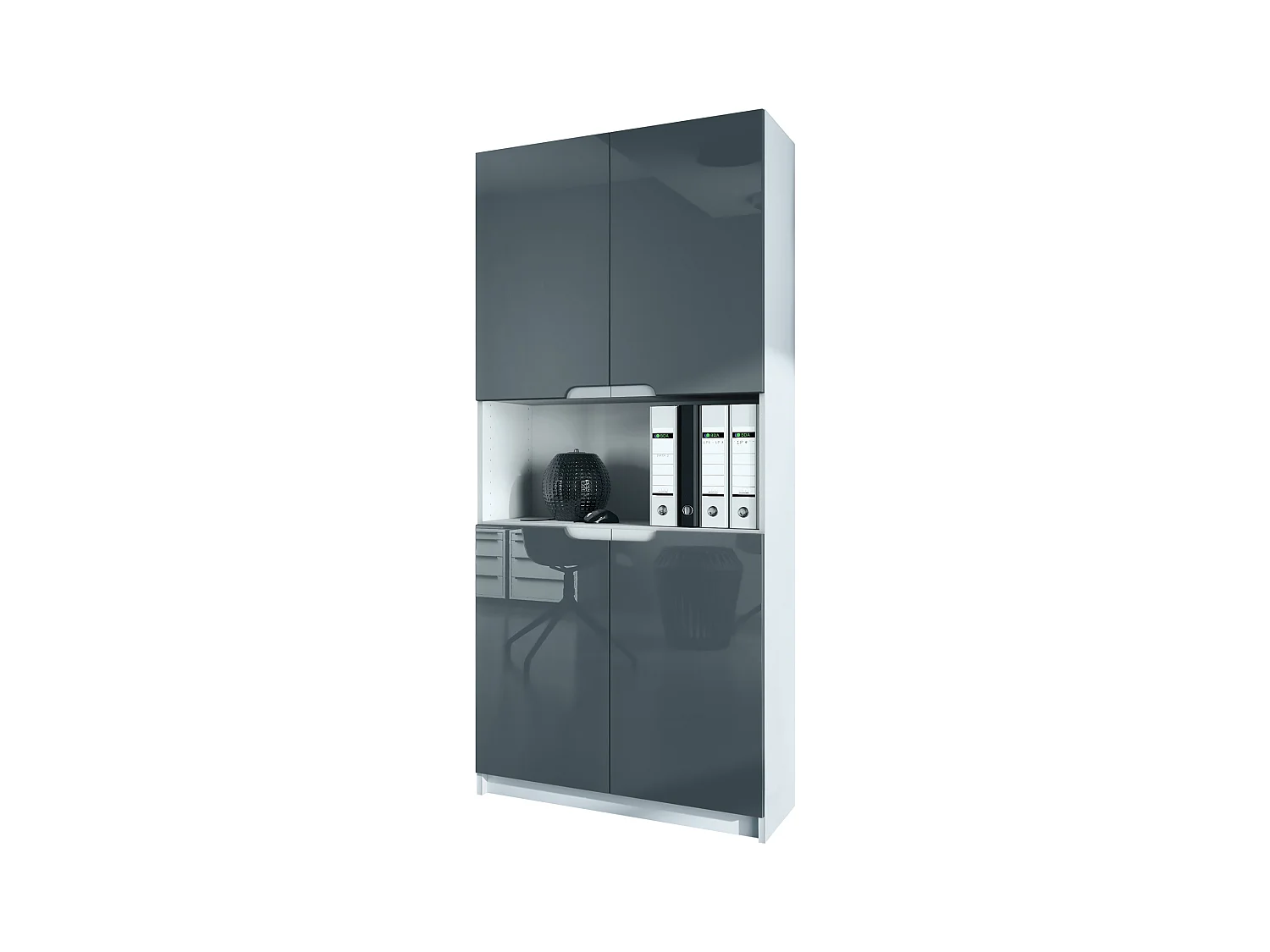 Étagère de bureau Logan V2, Armoire de rangement avec 5 compartiments et 4 portes, blanc mat/gris haute brillance (82 x 184 x 37 cm)