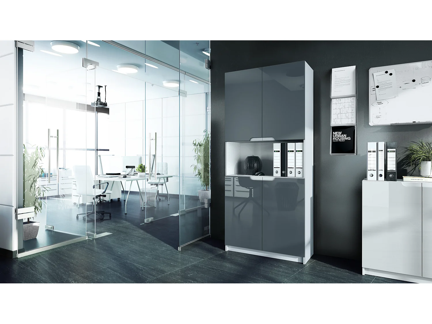 Étagère de bureau Logan V2, Armoire de rangement avec 5 compartiments et 4 portes, blanc mat/gris haute brillance (82 x 184 x 37 cm)