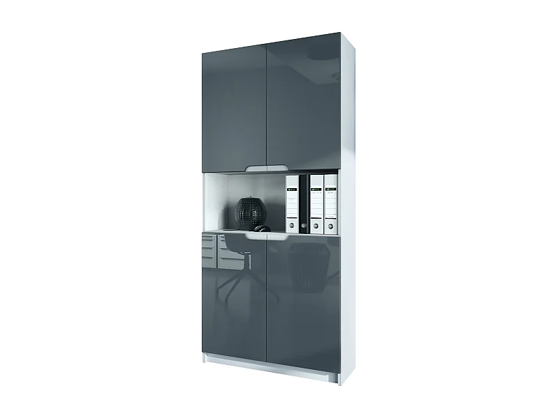 Étagère de bureau Logan V2, Armoire de rangement avec 5 compartiments et 4 portes, blanc mat/gris haute brillance (82 x 184 x 37 cm)