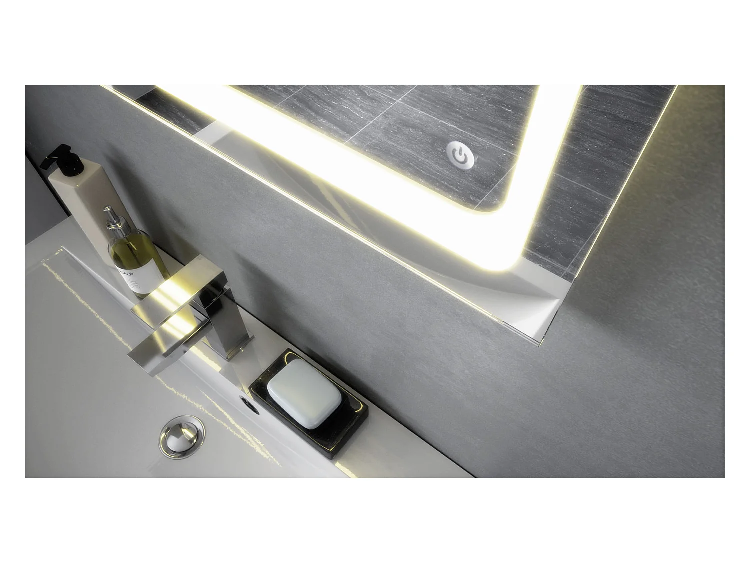 Meuble sous vasque Lavabo Aloha V2, Blanc mat / Façades en Blanc brillant avec un décor en Gris sable brillant, avec Vasque à poser, Robinet (M1) et Miroir LED