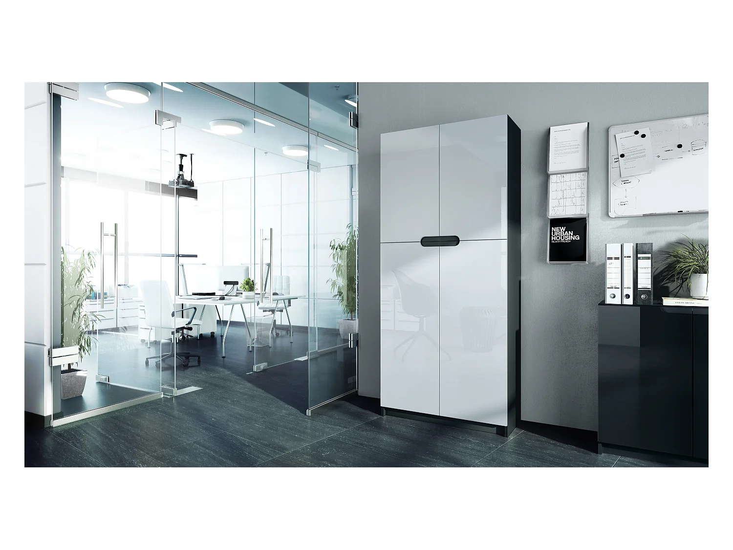 Meuble rangement bureau Logan V1, Armoire de bureau haute avec 5 compartiments et 4 portes, noir mat/blanc haute brillance (82 x 185 x 37 cm)