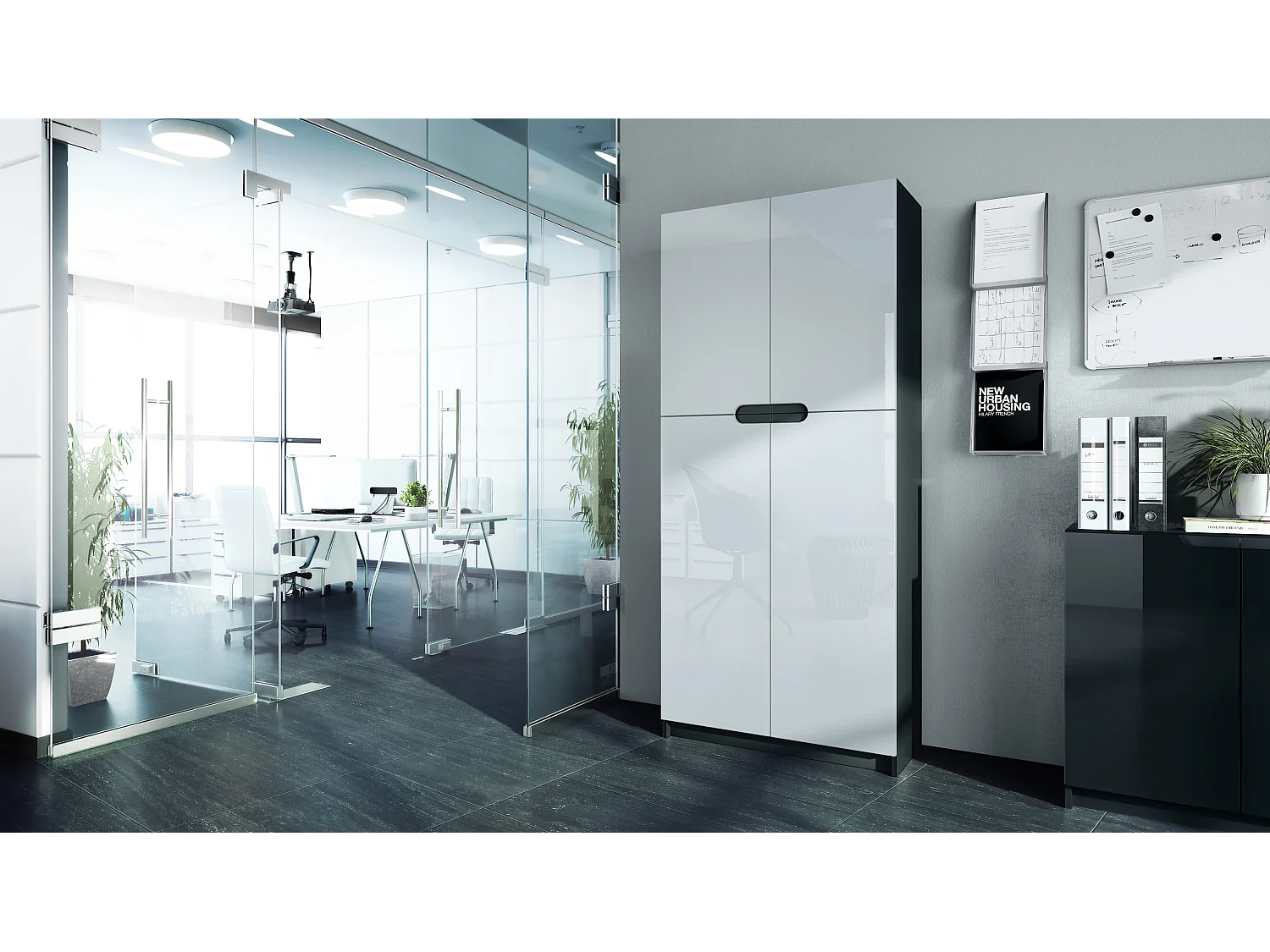 Meuble rangement bureau Logan V1, Armoire de bureau haute avec 5 compartiments et 4 portes, noir mat/blanc haute brillance (82 x 185 x 37 cm)