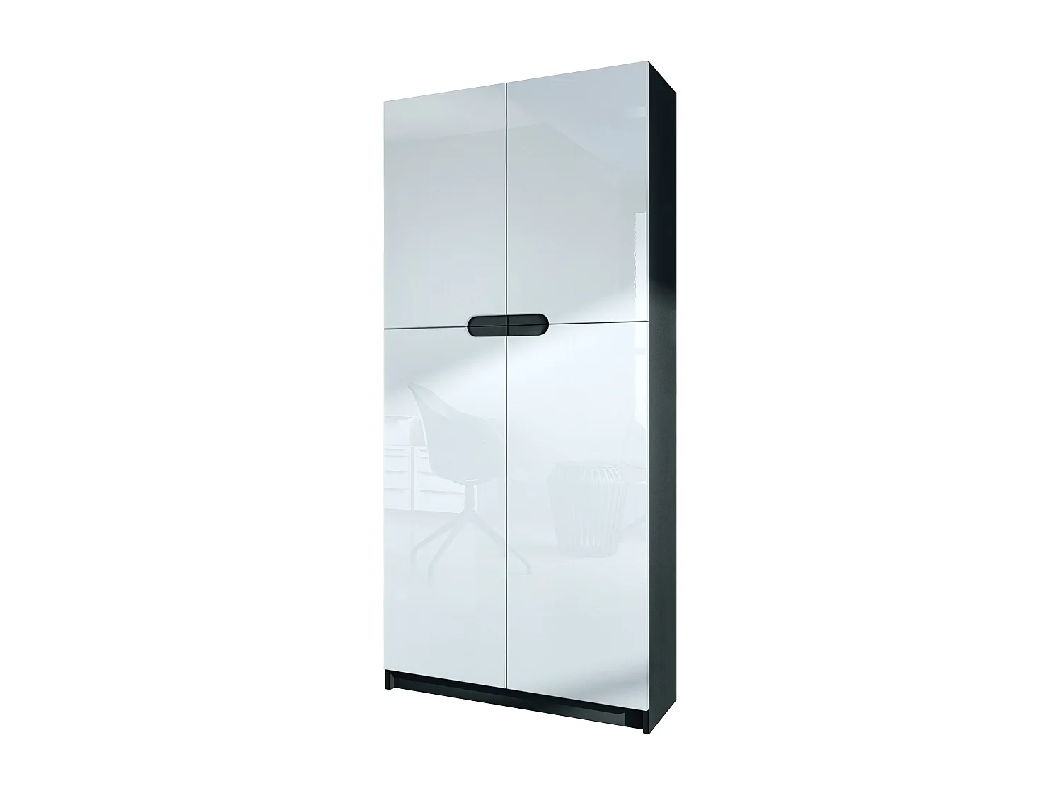 Meuble rangement bureau Logan V1, Armoire de bureau haute avec 5 compartiments et 4 portes, noir mat/blanc haute brillance (82 x 184 x 37 cm)